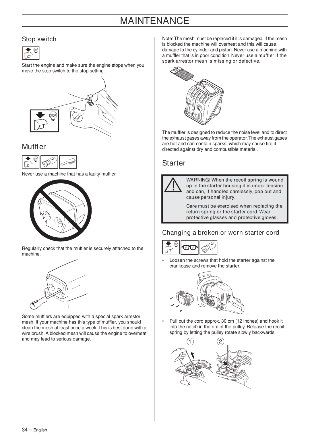 Husqvarna 455e Rancher manual Mufﬂer, Starter, Changing a broken or worn starter cord 