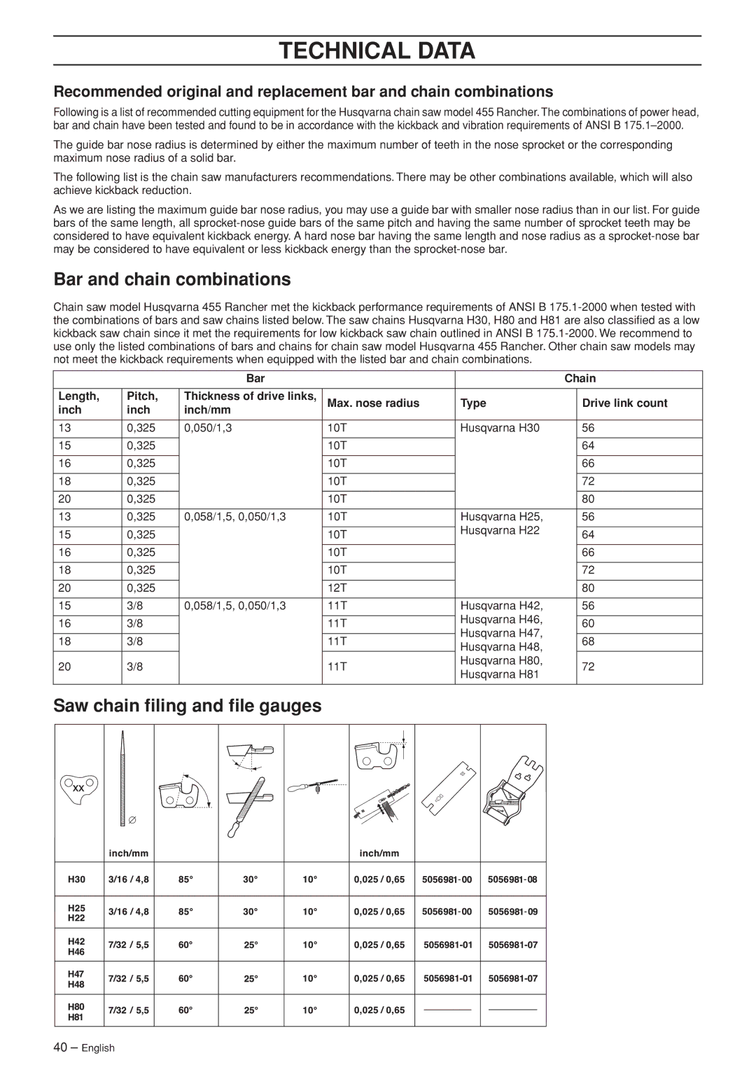 Husqvarna 455e Rancher manual Bar and chain combinations, Saw chain ﬁling and ﬁle gauges 