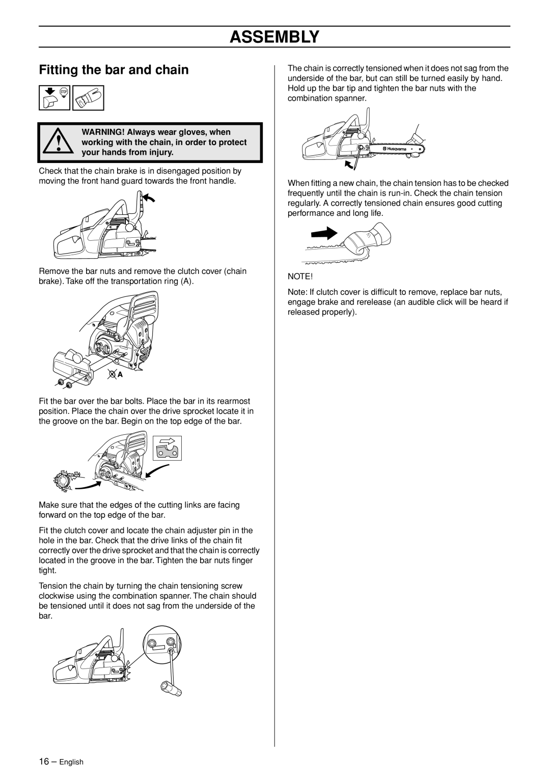 Husqvarna 460, 455e manual Assembly, Fitting the bar and chain 