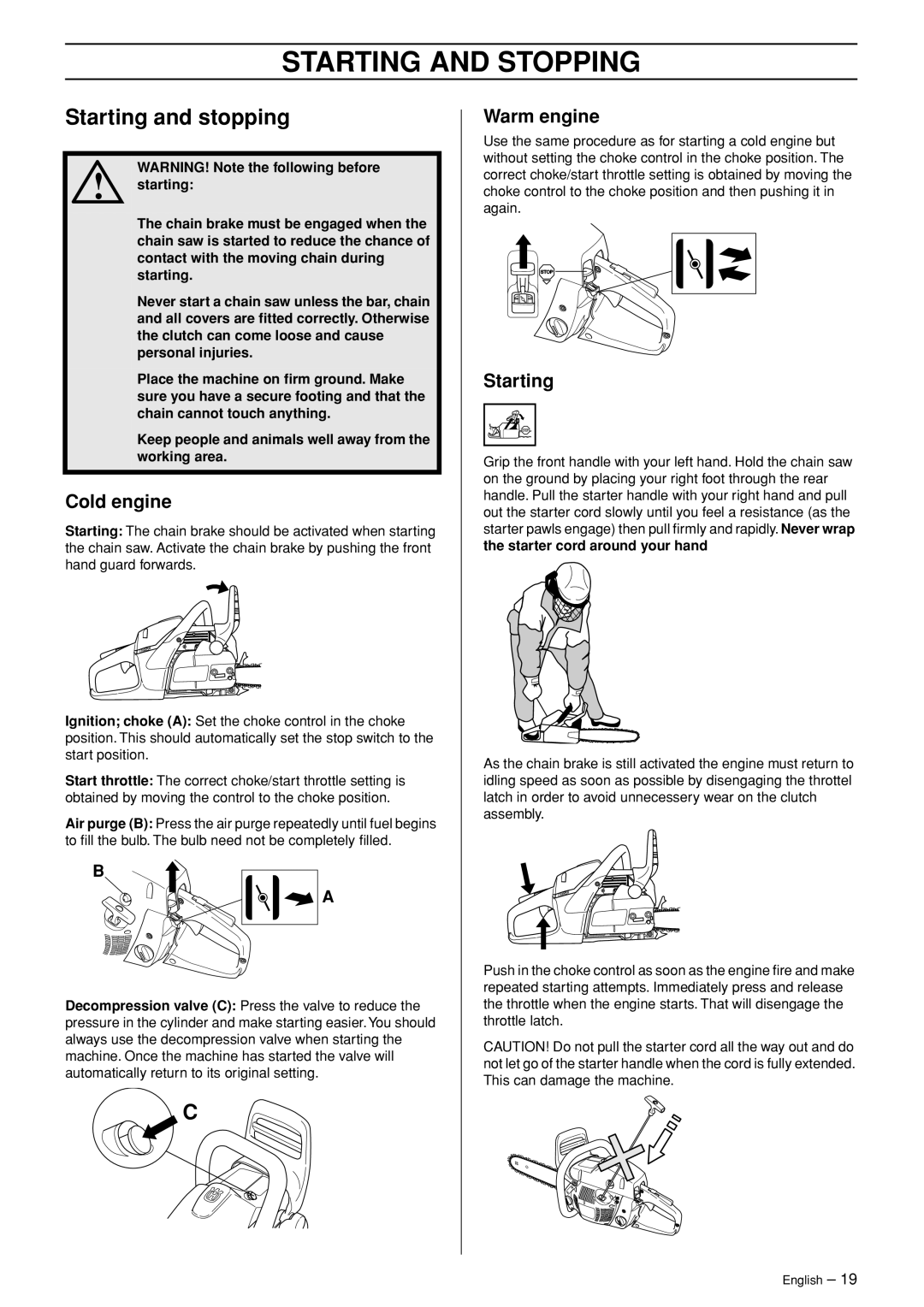Husqvarna 460, 455e manual Starting and Stopping, Starting and stopping, Cold engine, Warm engine 