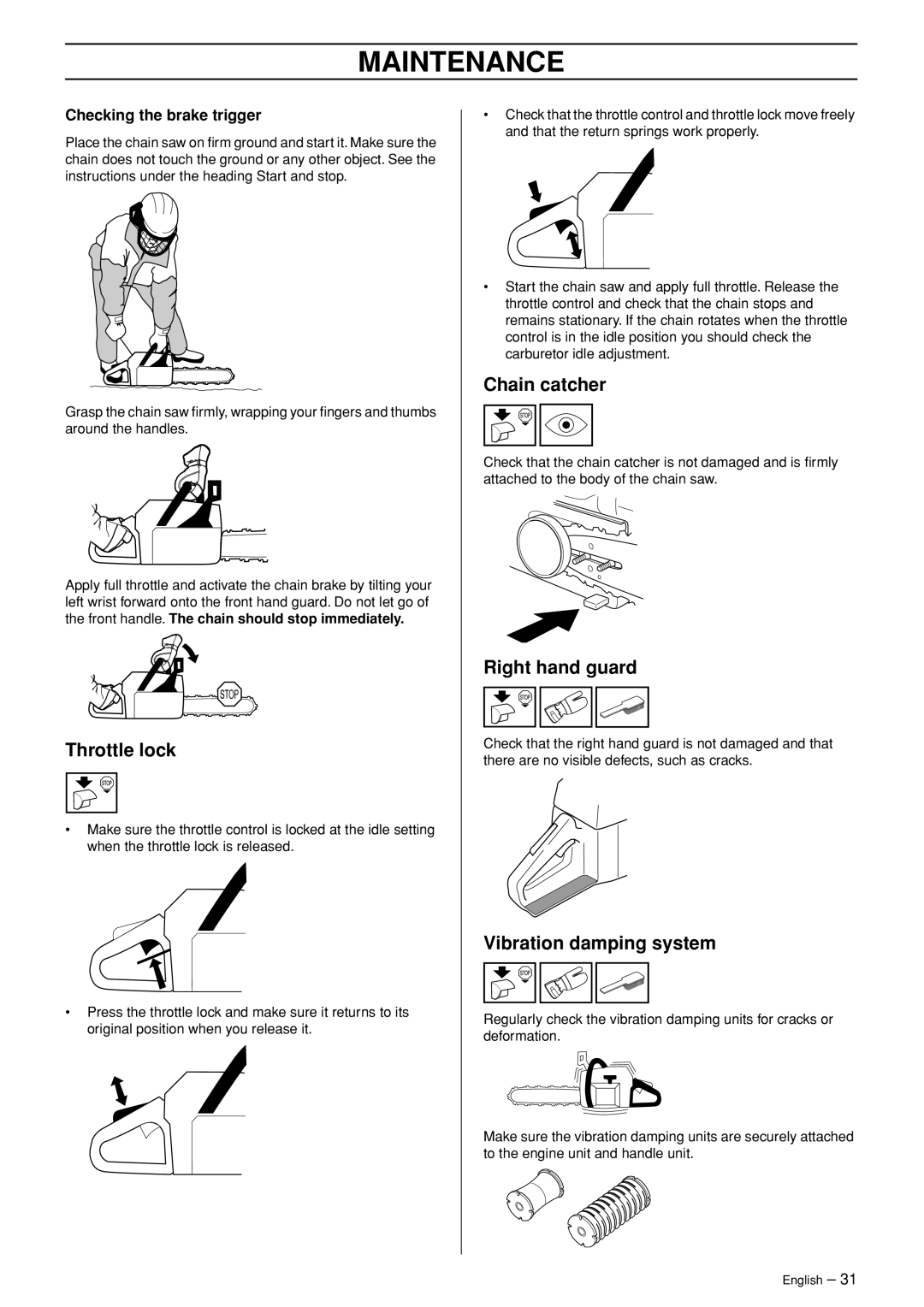 Husqvarna 460, 455e manual Throttle lock, Checking the brake trigger 