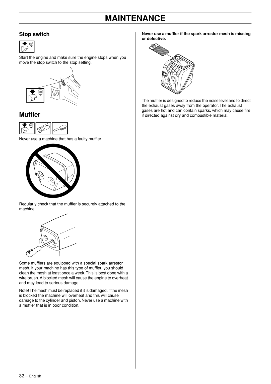 Husqvarna 460, 455e manual Mufﬂer, Stop switch 