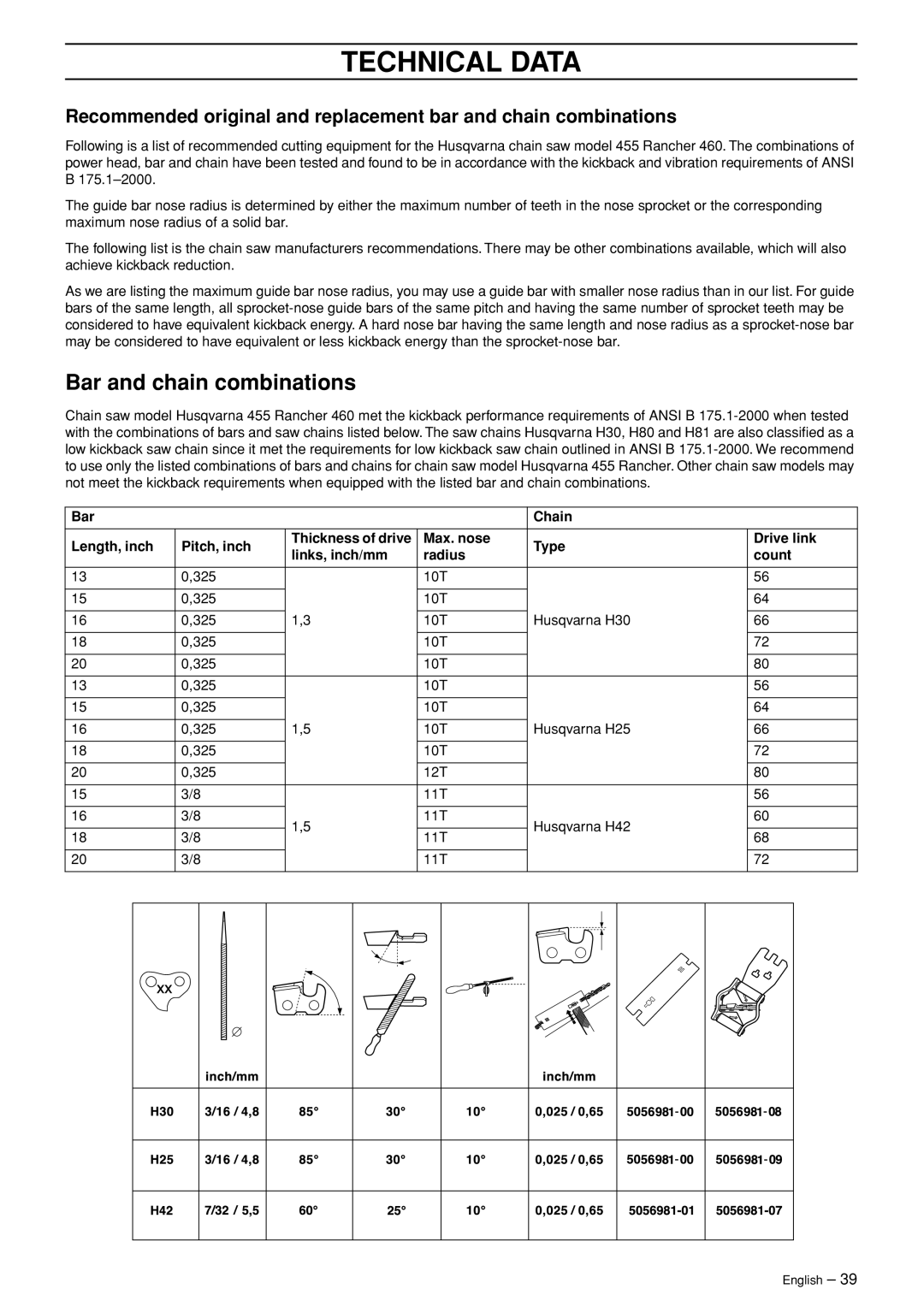 Husqvarna 460, 455e manual Bar and chain combinations 