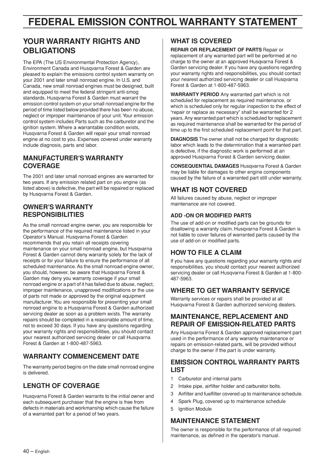 Husqvarna 460, 455e manual Federal Emission Control Warranty Statement, Your Warranty Rights and Obligations 