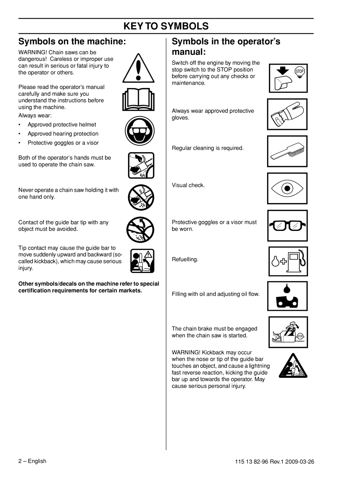 Husqvarna 460 Rancher, 115 13 82-96 KEY to Symbols, Symbols on the machine, Symbols in the operator’s manual 