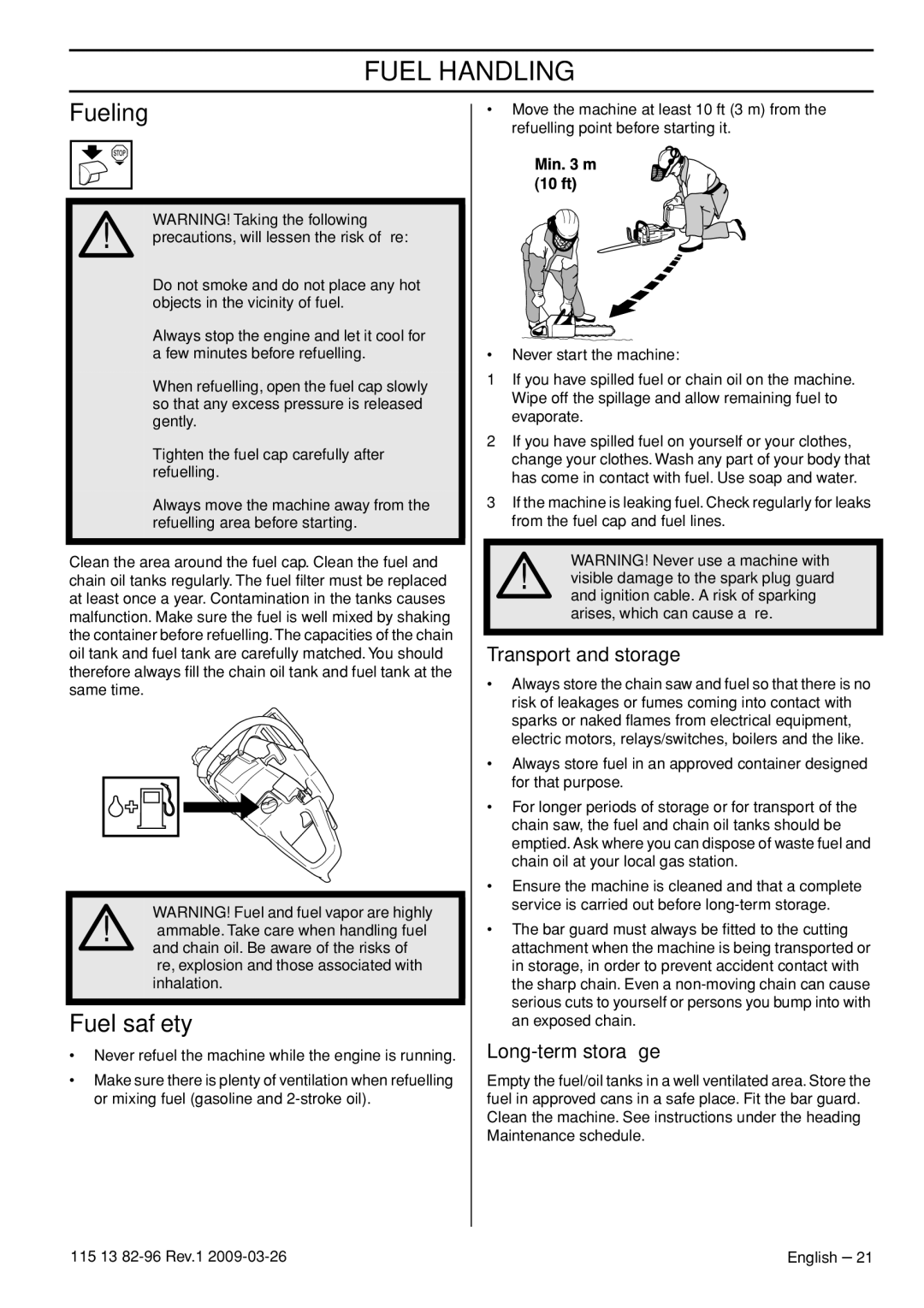 Husqvarna 115 13 82-96, 460 Rancher manual Fueling, Fuel safety, Transport and storage, Long-term storage 