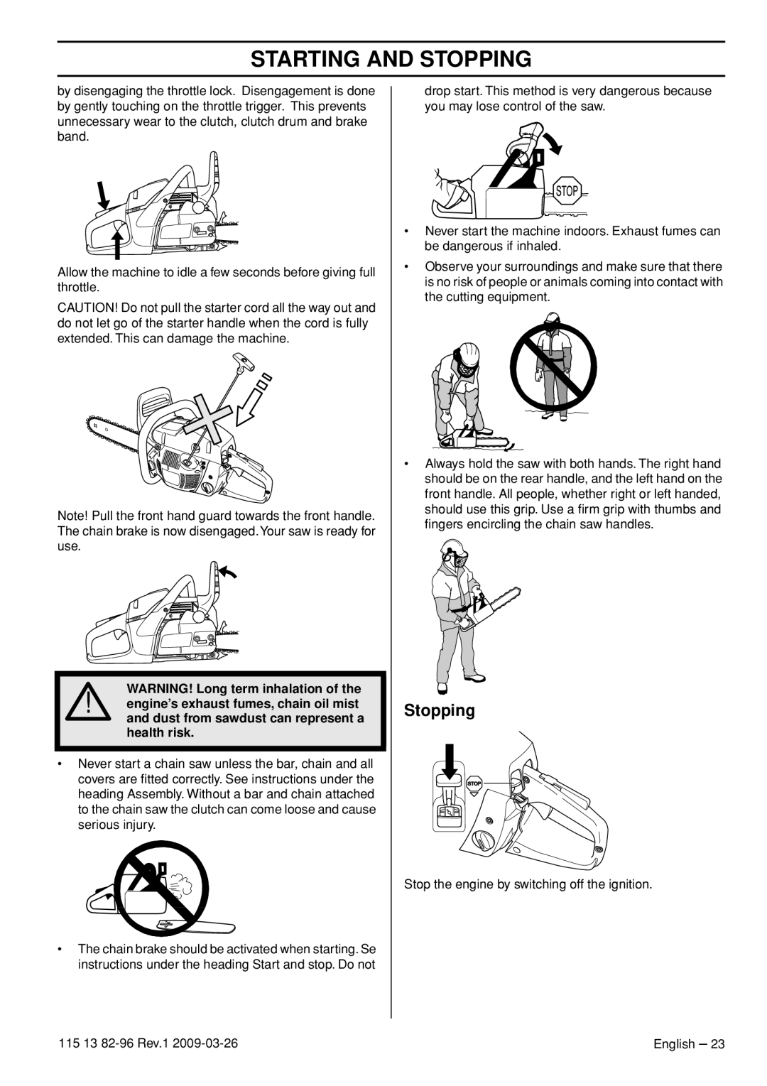 Husqvarna 115 13 82-96, 460 Rancher manual Stopping 