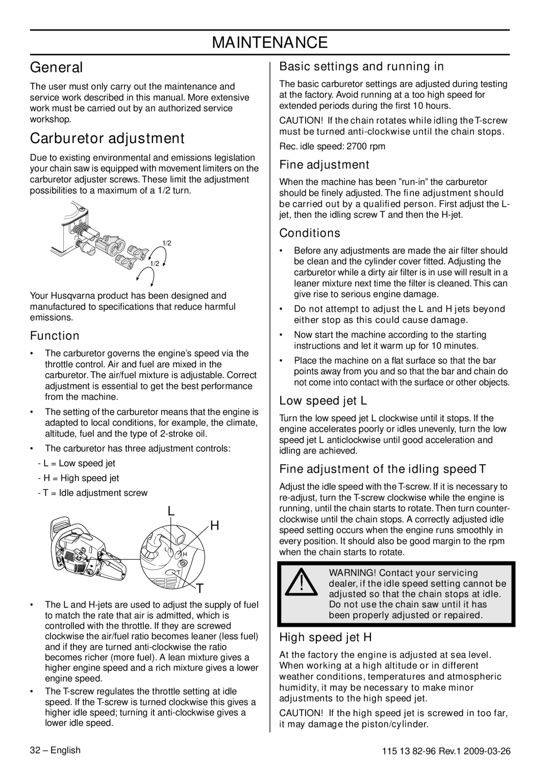 Husqvarna 460 Rancher, 115 13 82-96 manual Maintenance, General, Carburetor adjustment 