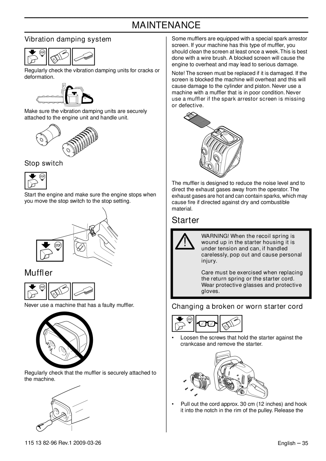 Husqvarna 115 13 82-96, 460 Rancher manual Mufﬂer, Starter, Changing a broken or worn starter cord 