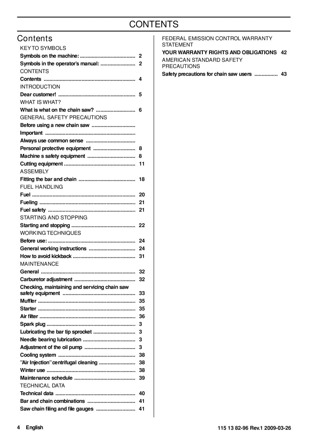 Husqvarna 460 Rancher, 115 13 82-96 manual Contents 