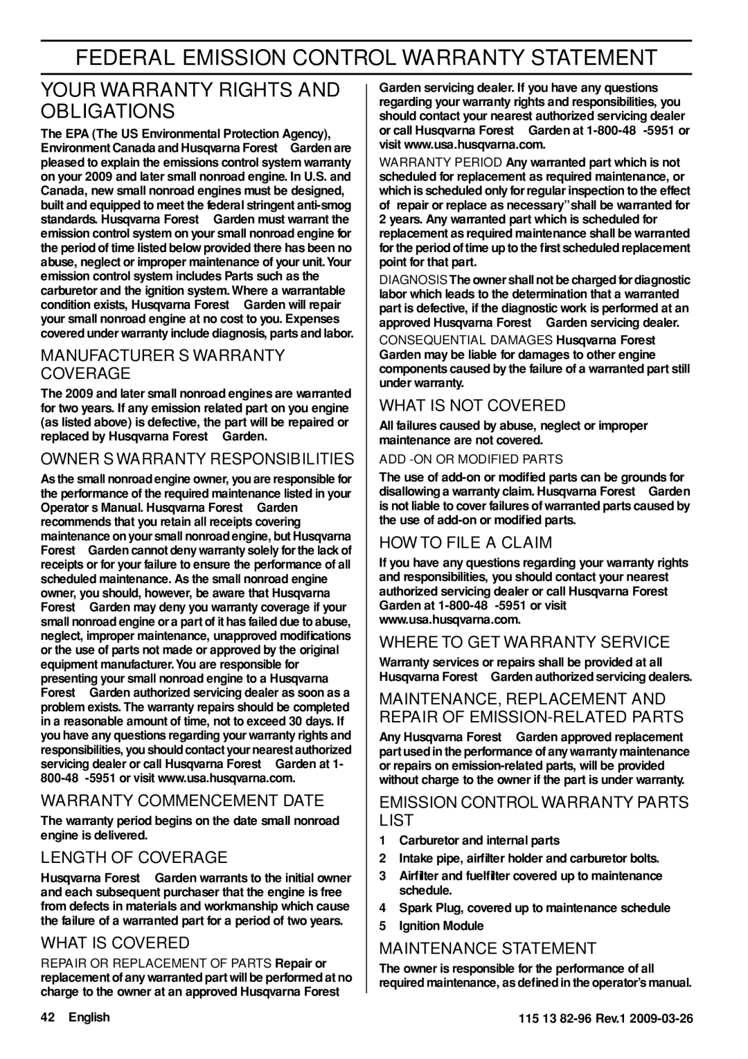 Husqvarna 460 Rancher, 115 13 82-96 manual Federal Emission Control Warranty Statement, Your Warranty Rights and Obligations 