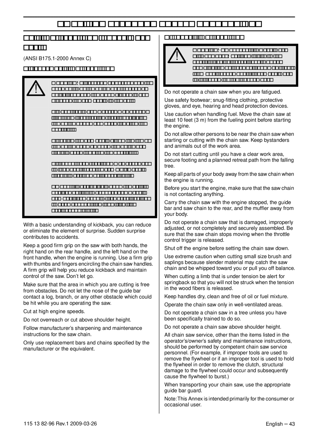 Husqvarna 115 13 82-96, 460 Rancher manual American Standard Safety Precautions, Safety precautions for chain saw users 