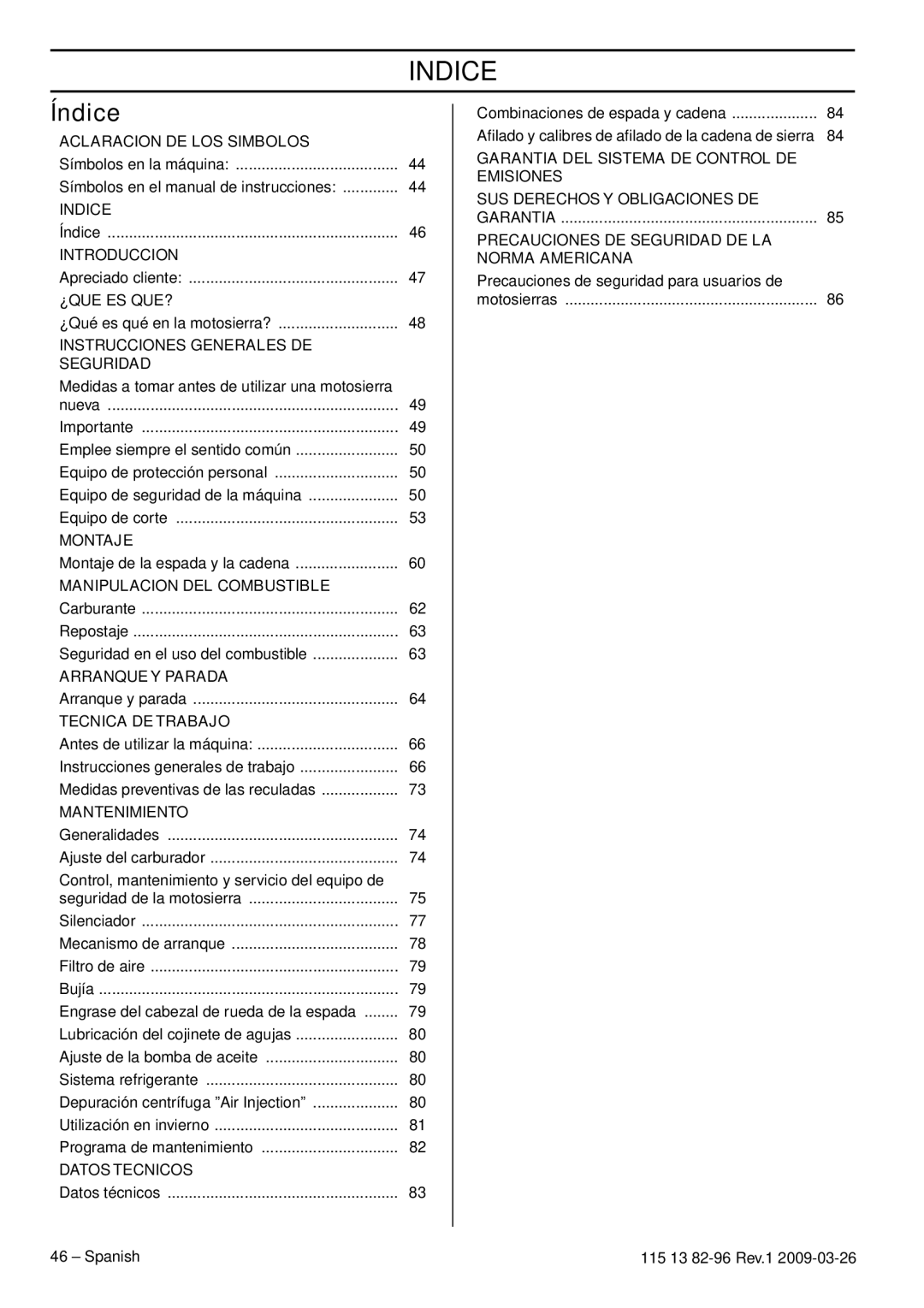 Husqvarna 460 Rancher, 115 13 82-96 manual Indice, Índice 