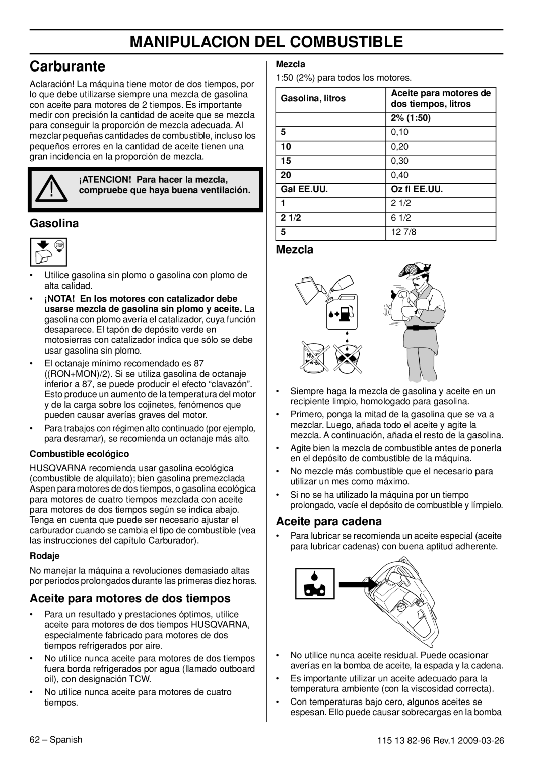 Husqvarna 460 Rancher, 115 13 82-96 manual Manipulacion DEL Combustible, Carburante 