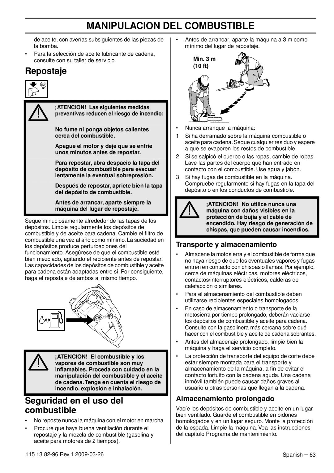 Husqvarna 115 13 82-96, 460 Rancher manual Repostaje, Seguridad en el uso del combustible, Transporte y almacenamiento 