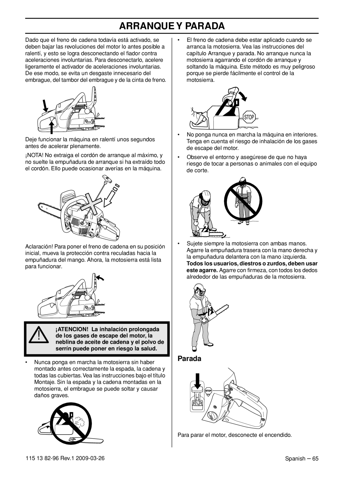 Husqvarna 115 13 82-96, 460 Rancher manual Parada, ¡ATENCION! La inhalación prolongada 