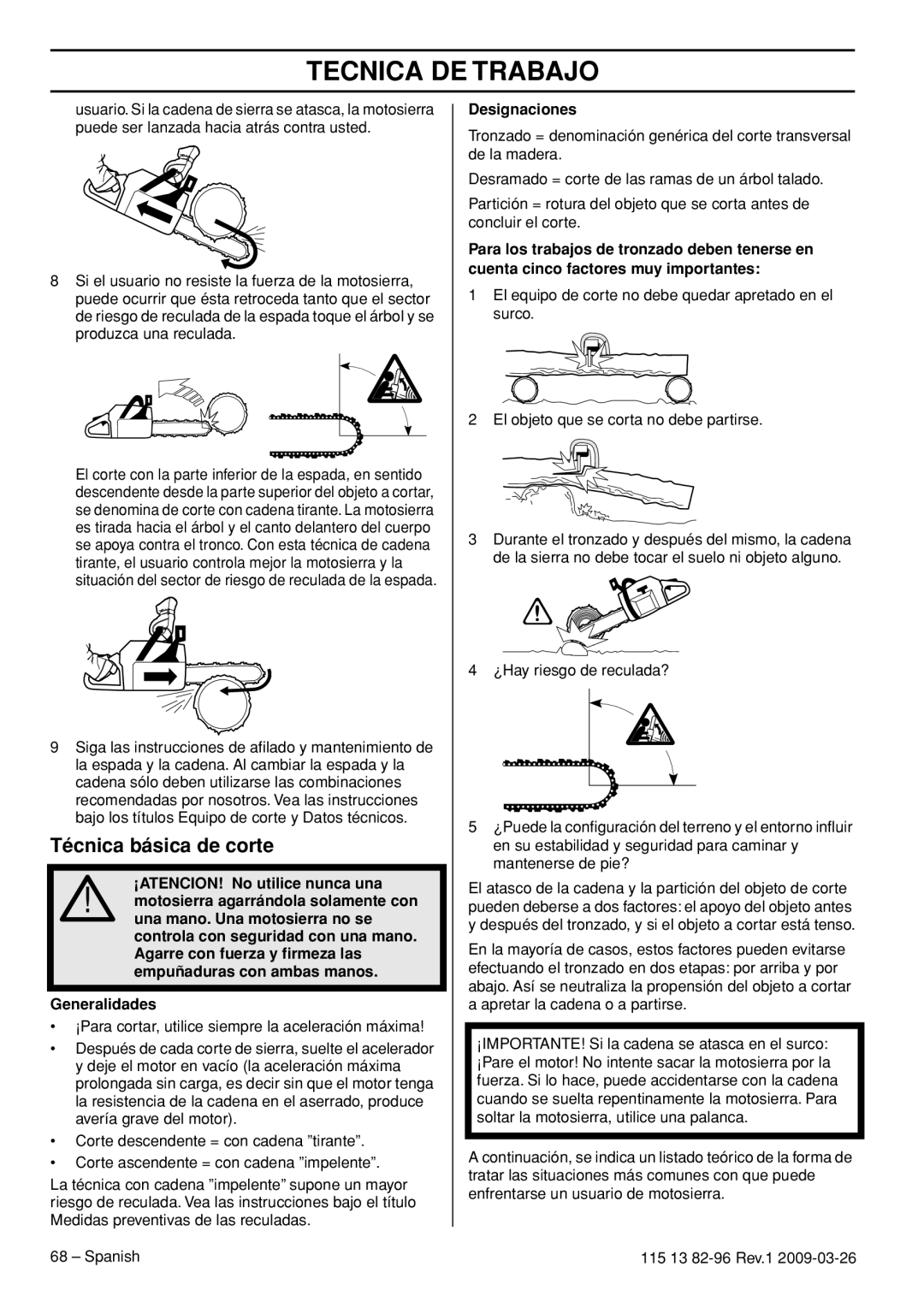 Husqvarna 460 Rancher, 115 13 82-96 manual Técnica básica de corte, Designaciones 