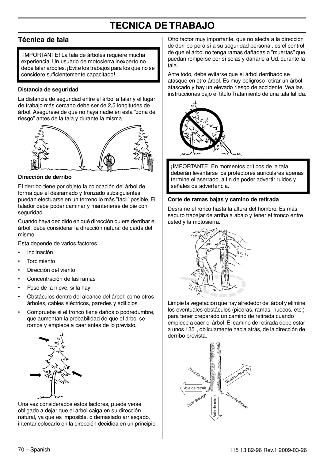 Husqvarna 460 Rancher, 115 13 82-96 manual Técnica de tala, Distancia de seguridad, Dirección de derribo 