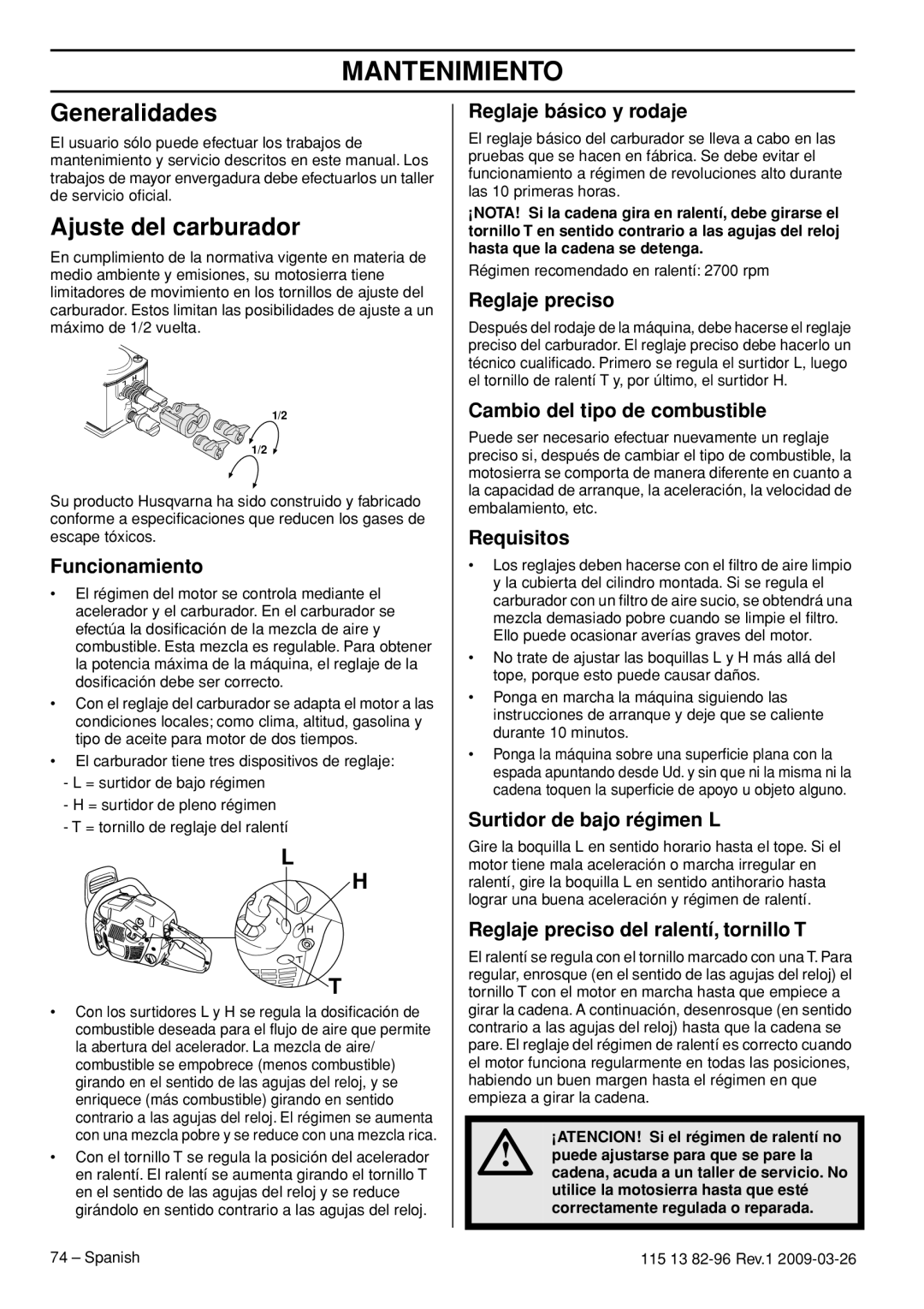 Husqvarna 460 Rancher, 115 13 82-96 manual Mantenimiento, Generalidades, Ajuste del carburador 