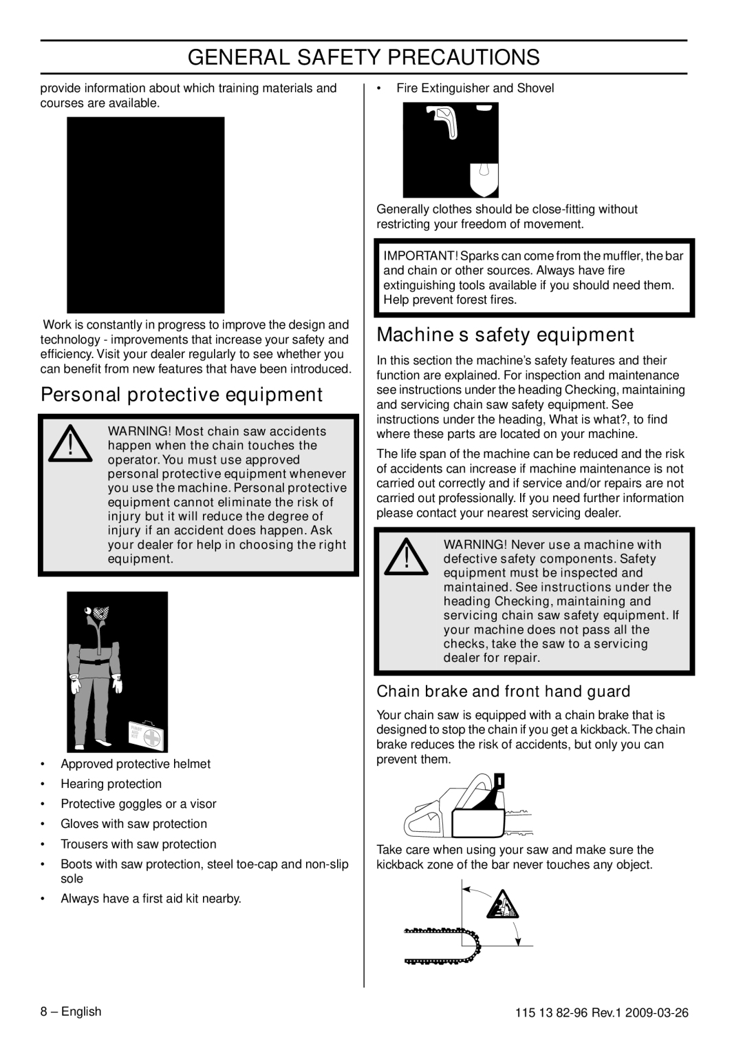 Husqvarna 460 Rancher manual Personal protective equipment, Machine′s safety equipment, Chain brake and front hand guard 