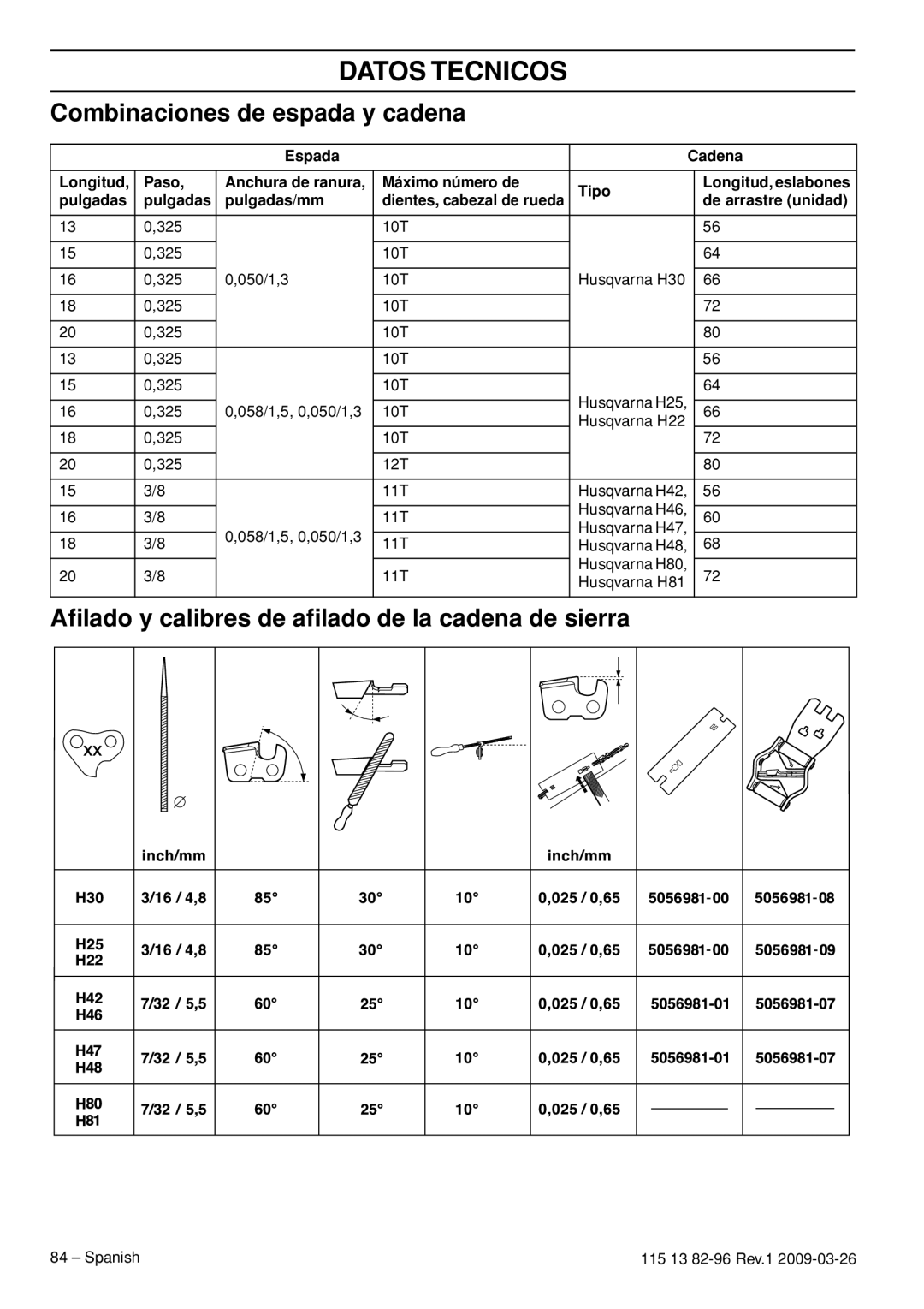 Husqvarna 460 Rancher, 115 13 82-96 Combinaciones de espada y cadena, Aﬁlado y calibres de aﬁlado de la cadena de sierra 