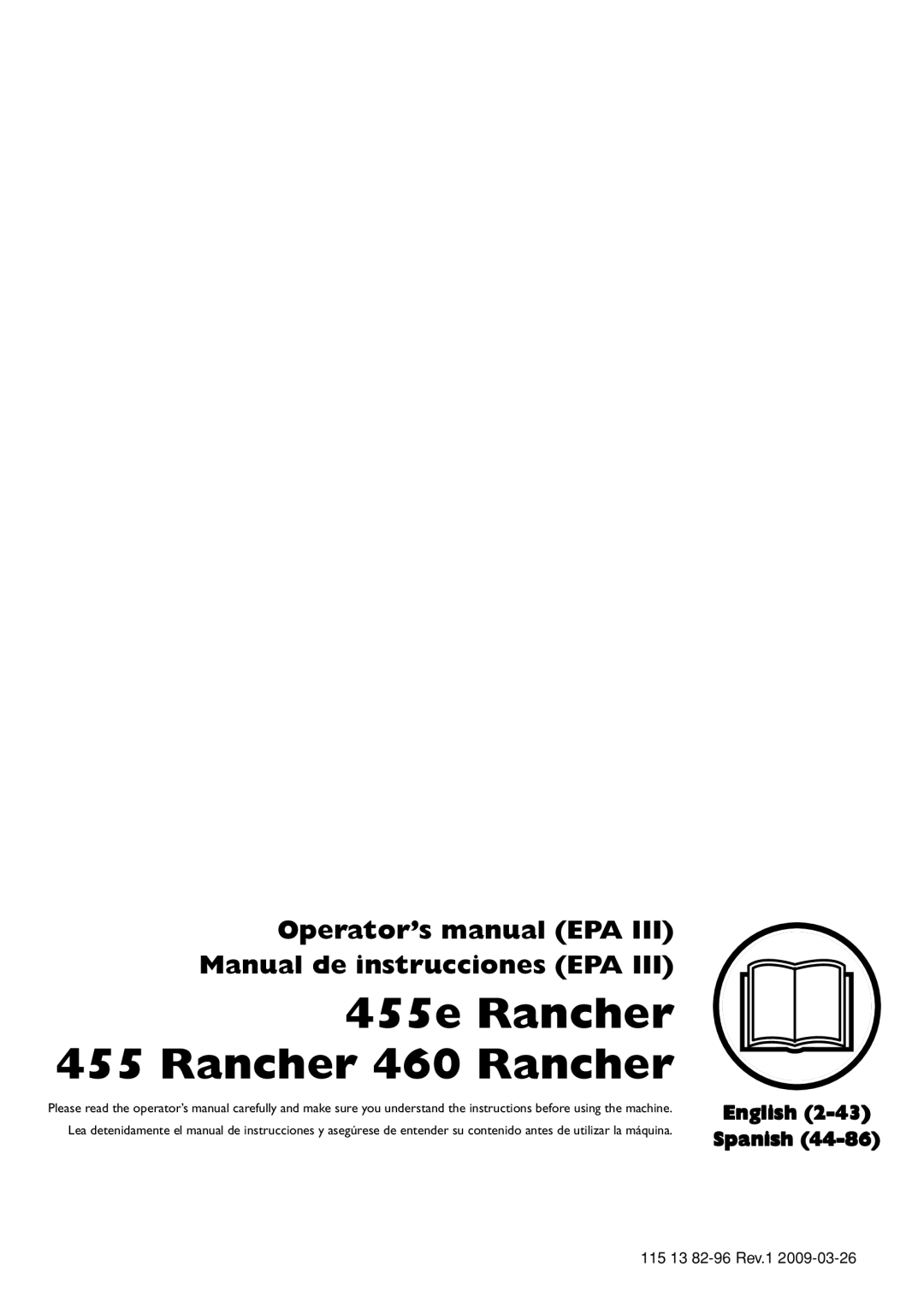 Husqvarna 115 13 82-96 manual 455e Rancher 455 Rancher 460 Rancher, Operator’s manual EPA III Manual de instrucciones EPA 