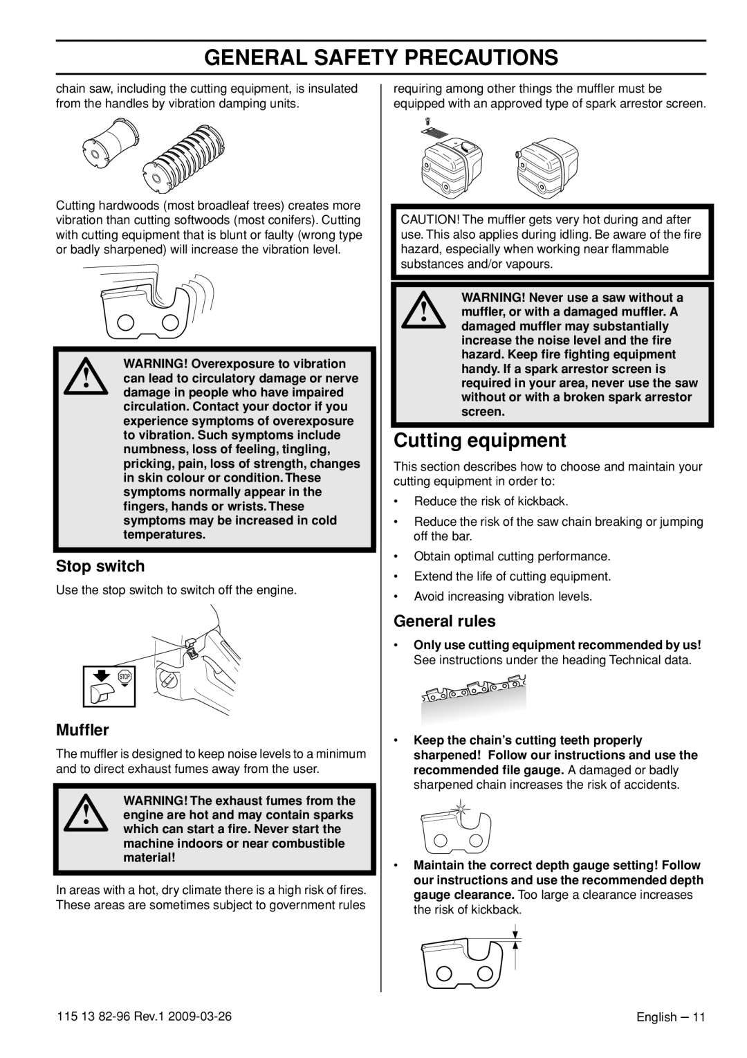 Husqvarna 115 13 82-96 manual Cutting equipment, Stop switch, Mufﬂer, General rules, WARNING! Overexposure to vibration 