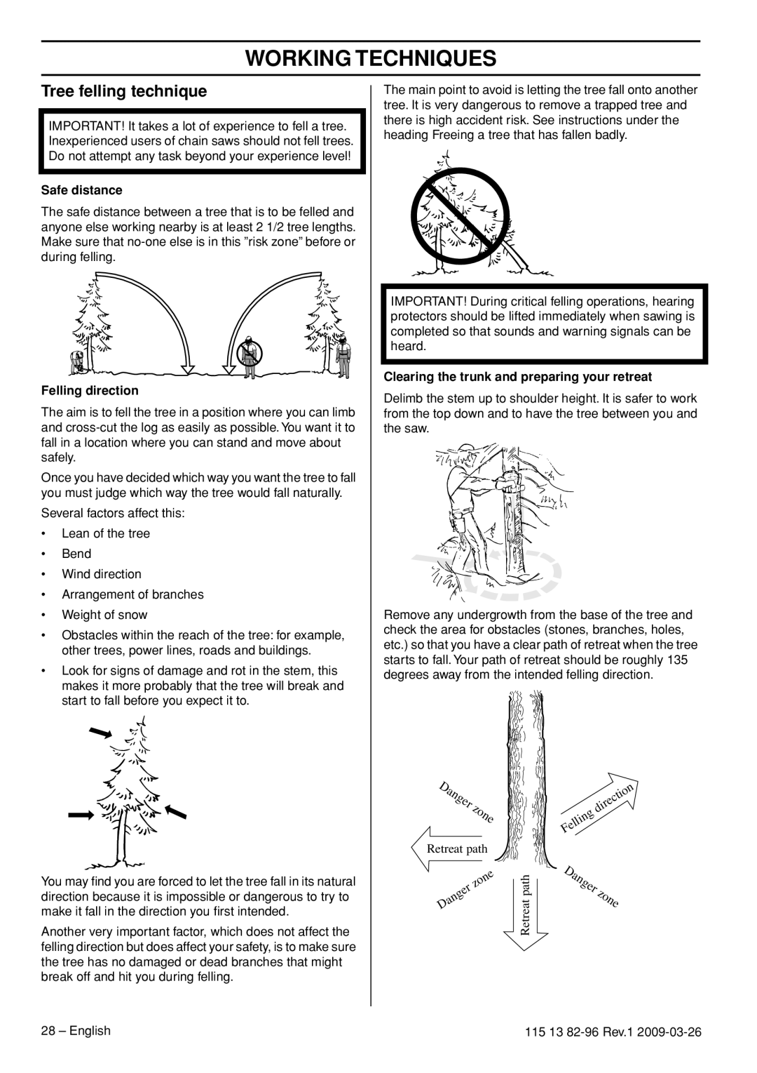 Husqvarna 460 Rancher manual Tree felling technique, Dangerzone, Safe distance, Felling direction, Working Techniques 