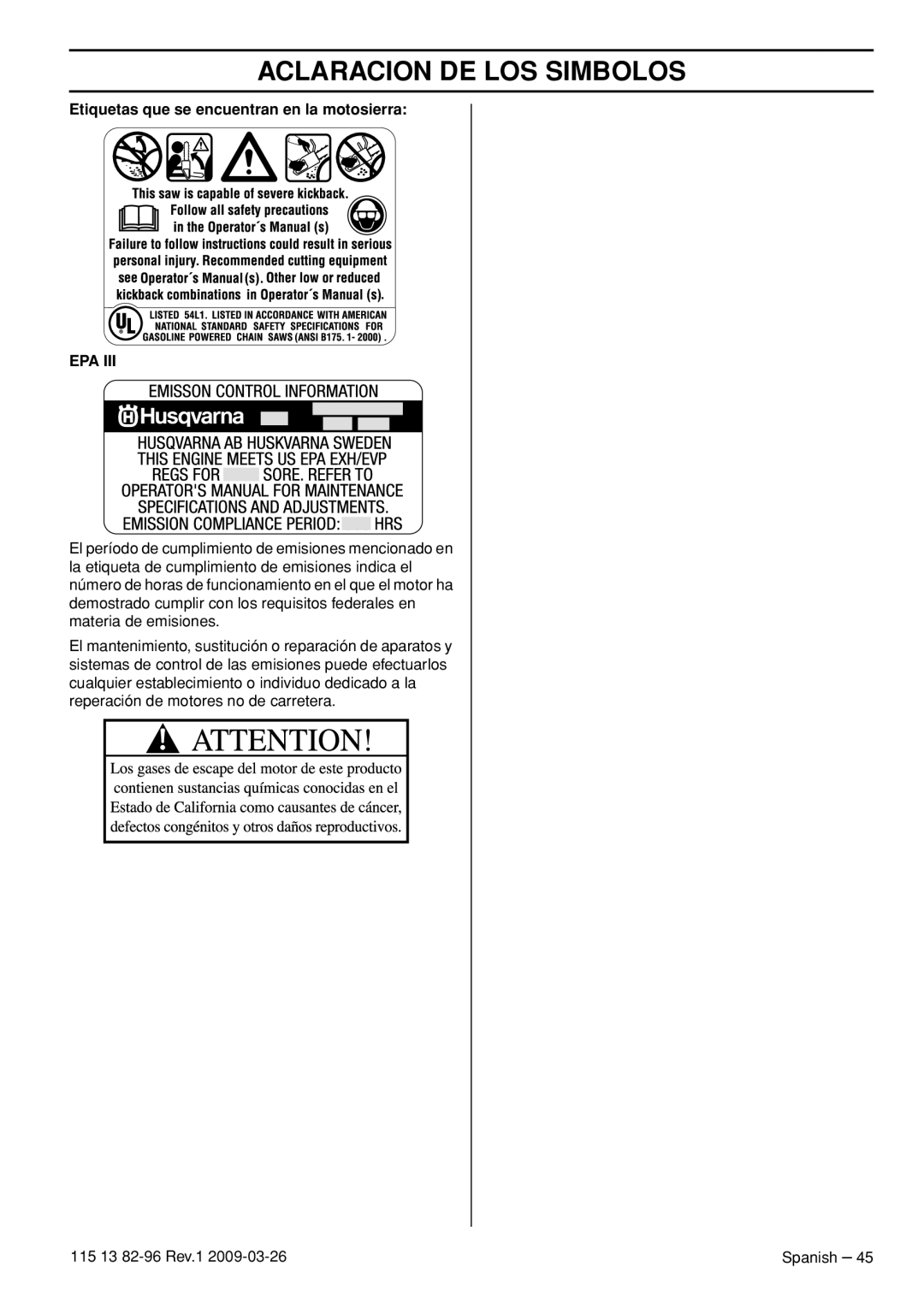 Husqvarna 115 13 82-96, 460 Rancher manual Etiquetas que se encuentran en la motosierra EPA, Aclaracion De Los Simbolos 