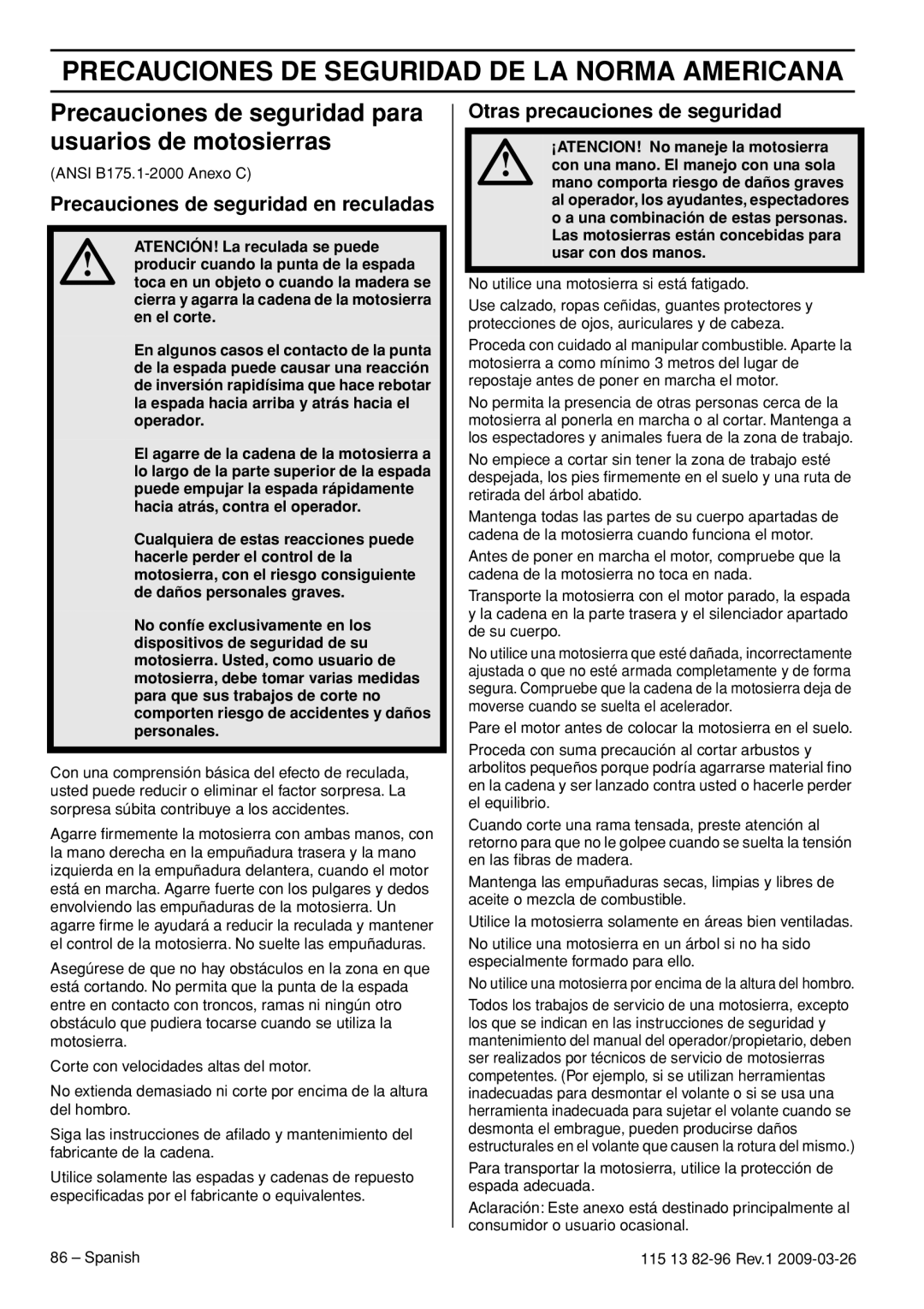 Husqvarna 460 Rancher manual Precauciones De Seguridad De La Norma Americana, Precauciones de seguridad en reculadas 
