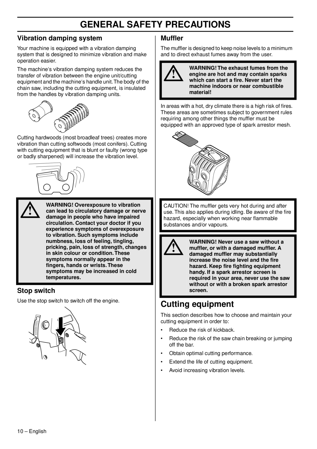 Husqvarna 455e, 465, 460 manual Cutting equipment, Vibration damping system, Stop switch, Mufﬂer 