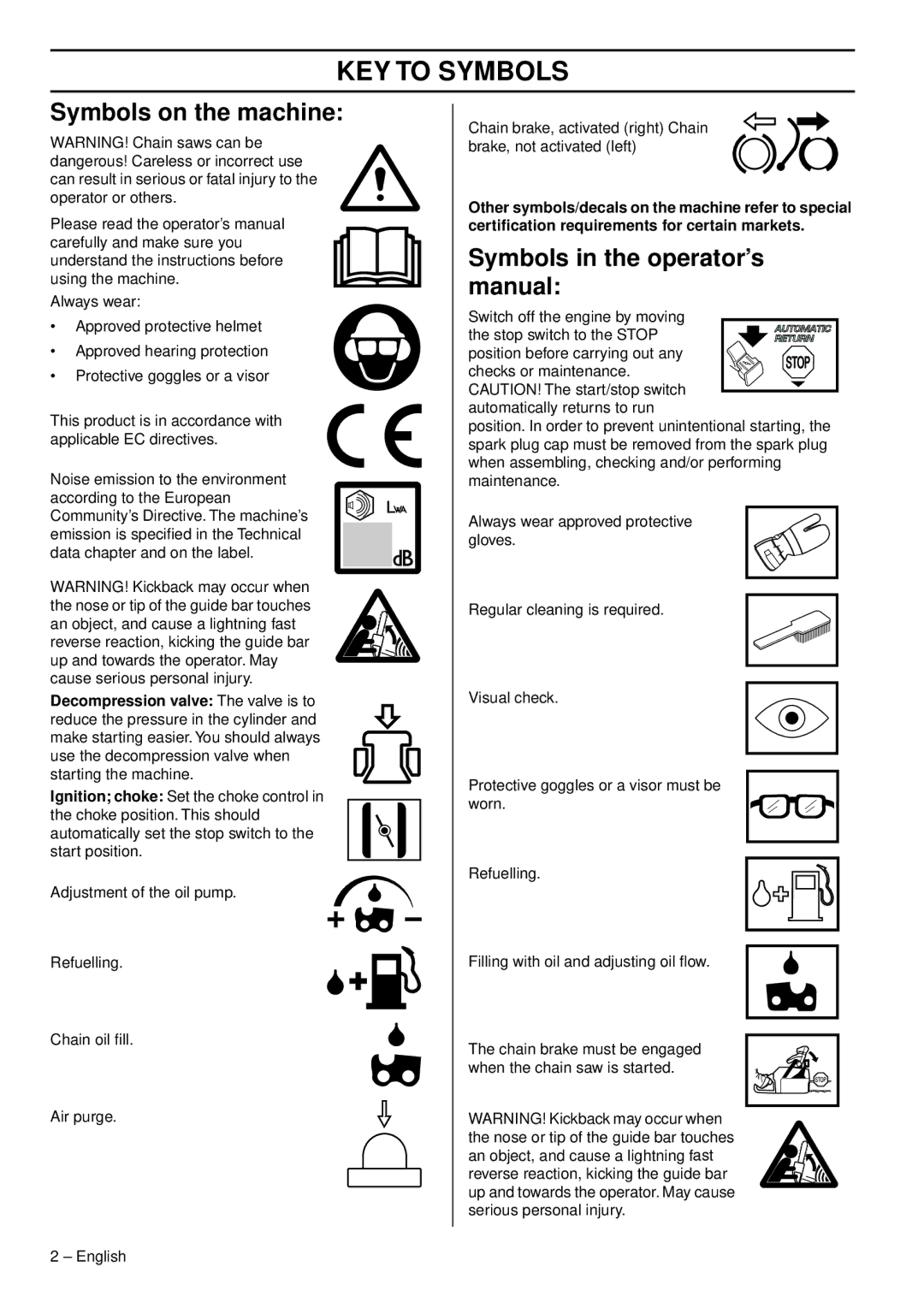 Husqvarna 455e, 465, 460 KEY to Symbols, Symbols on the machine, Symbols in the operator’s manual 