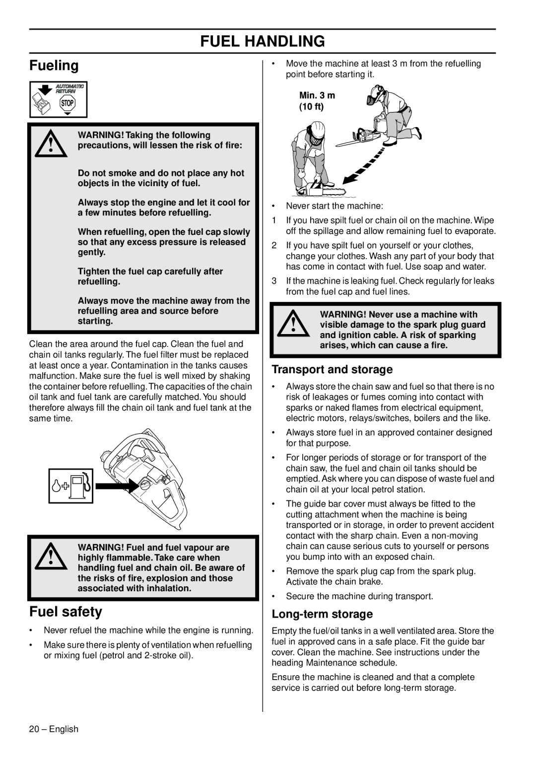 Husqvarna 465, 460, 455e manual Fueling, Fuel safety, Transport and storage, Long-term storage 