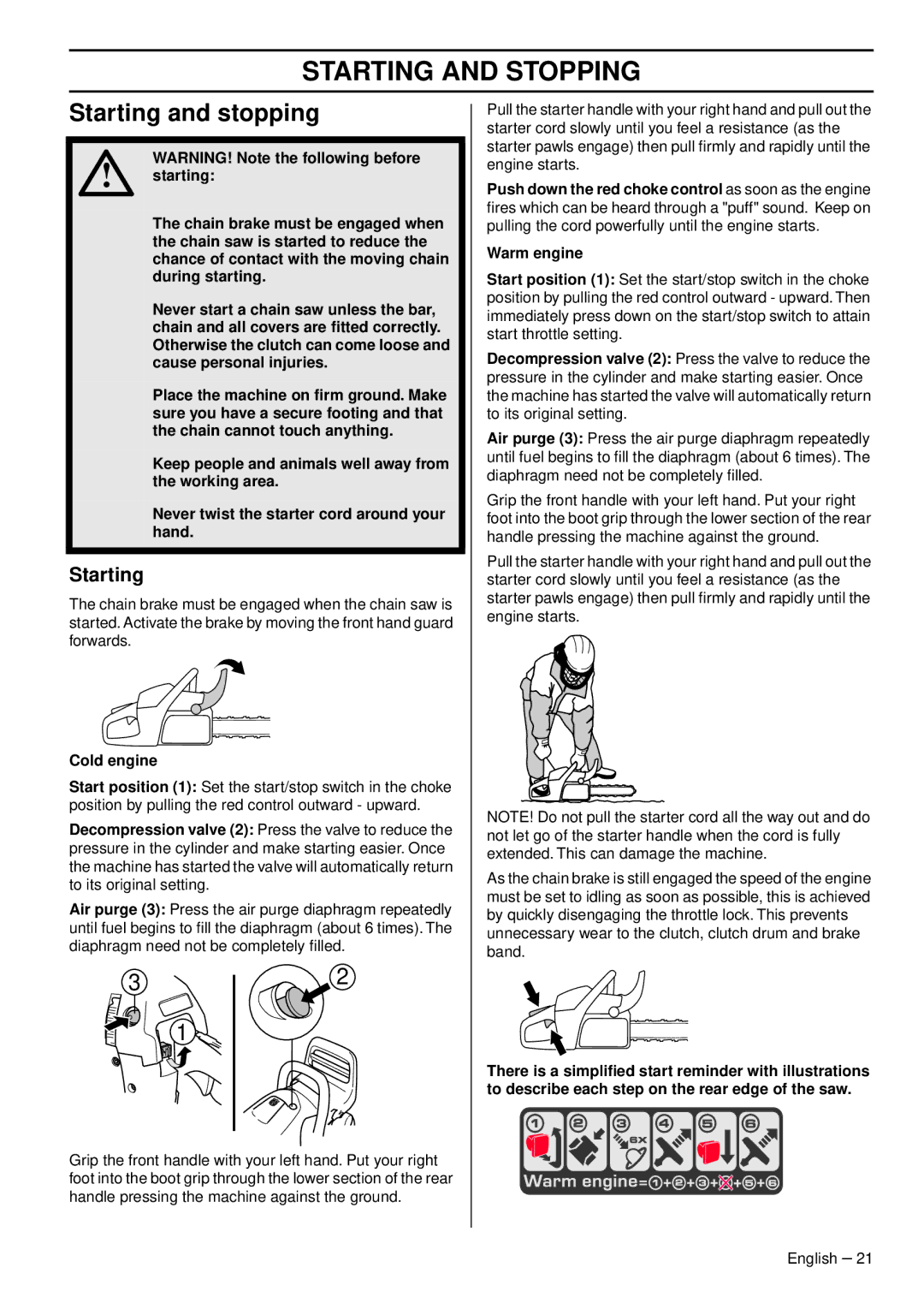 Husqvarna 460, 465, 455e manual Starting and Stopping, Starting and stopping, Cold engine 