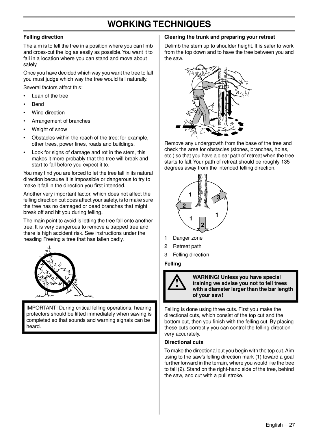 Husqvarna 465, 460, 455e manual Felling direction, Clearing the trunk and preparing your retreat, Directional cuts 
