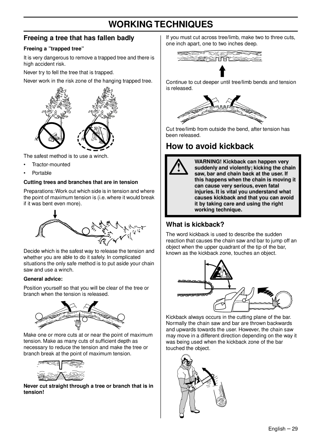 Husqvarna 460, 465, 455e manual How to avoid kickback, Freeing a tree that has fallen badly, What is kickback? 