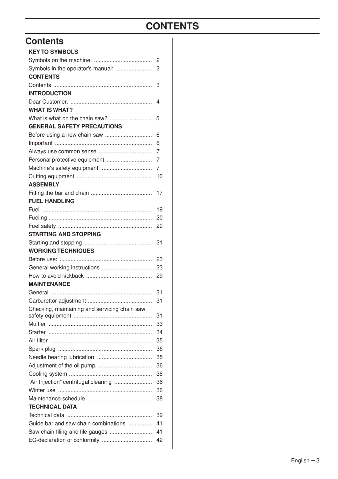 Husqvarna 465, 460, 455e manual Contents 