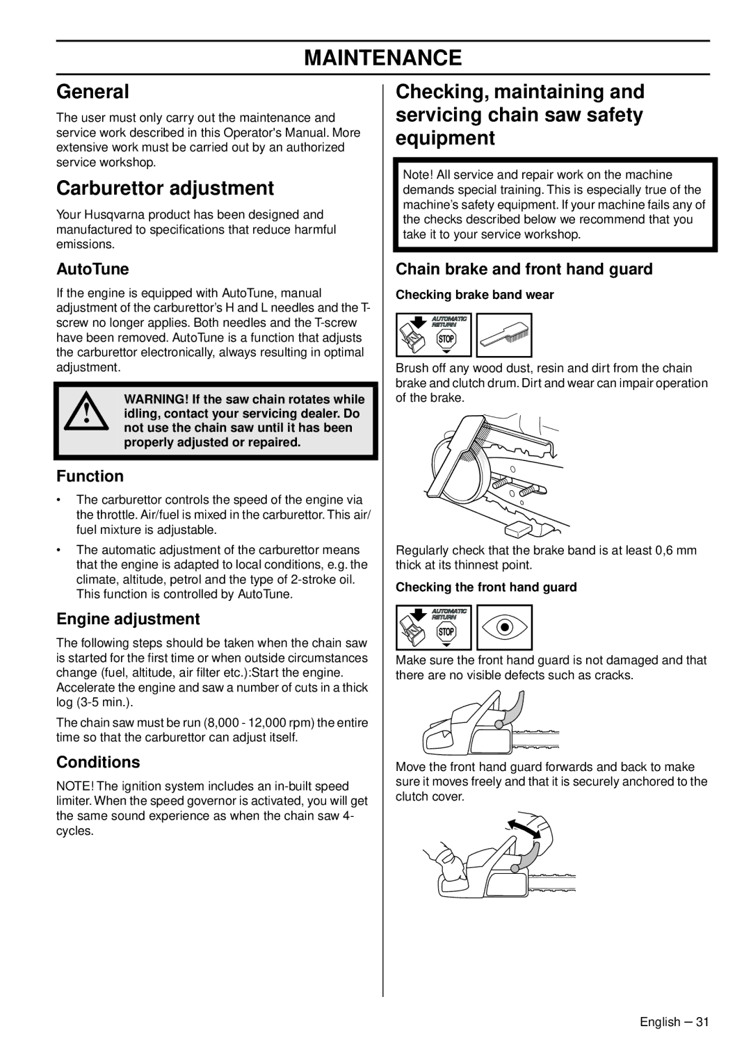 Husqvarna 465, 460, 455e manual Maintenance, General, Carburettor adjustment 