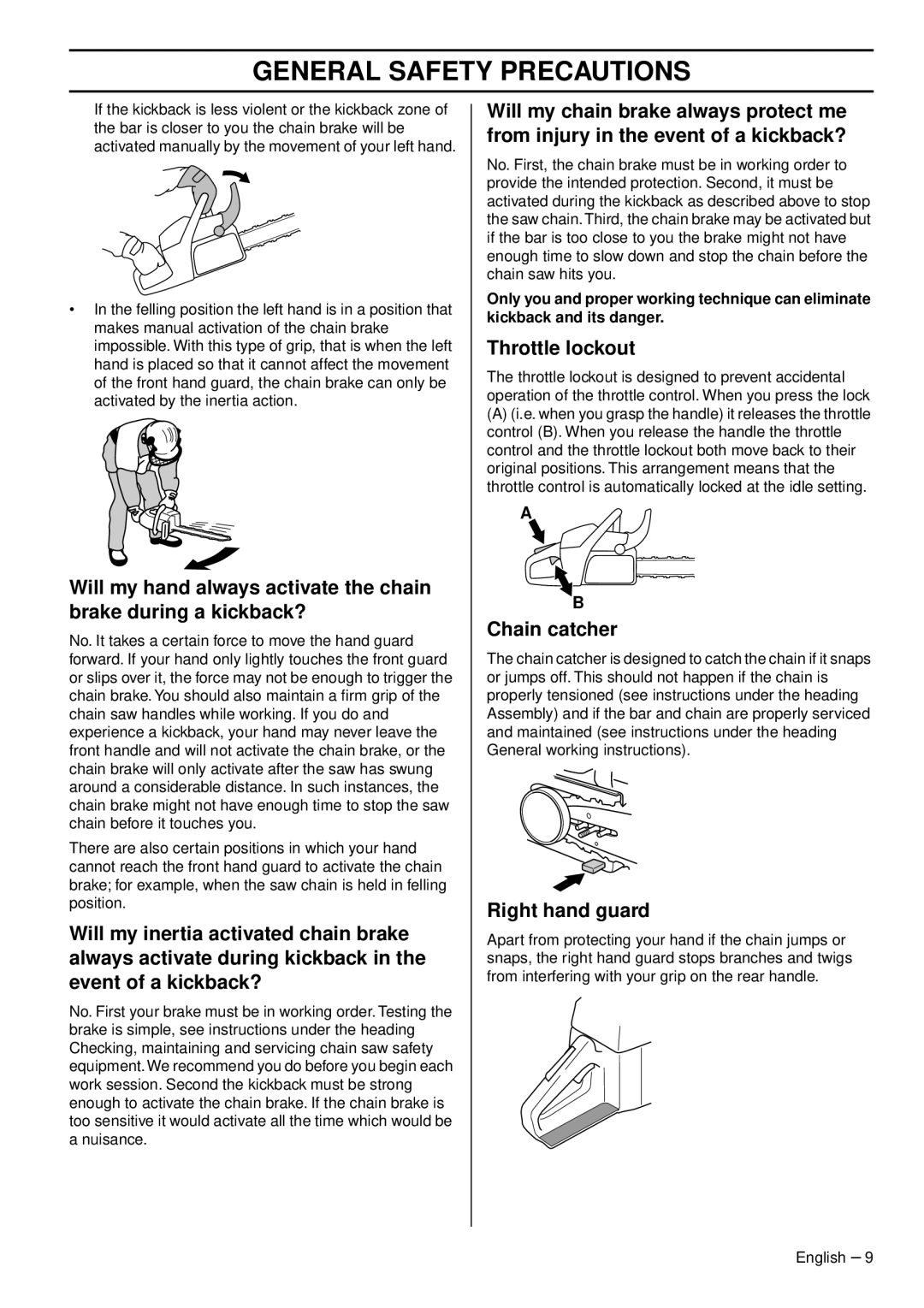 Husqvarna 460, 465, 455e manual Throttle lockout, Chain catcher, Right hand guard 