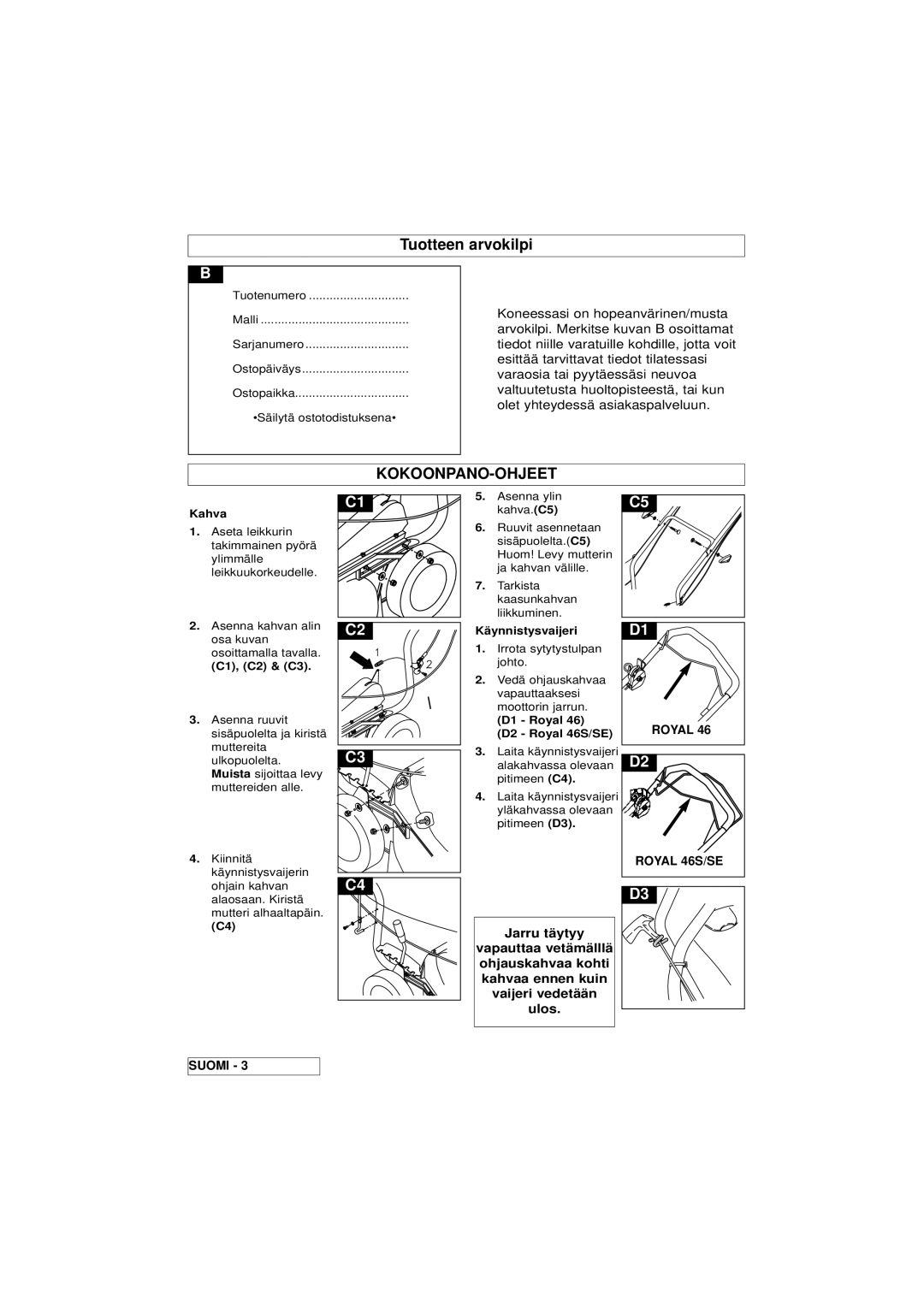 Husqvarna 46SE manual Kokoonpano-Ohjeet, Kahva, C1, C2 & C3, Käynnistysvaijeri 