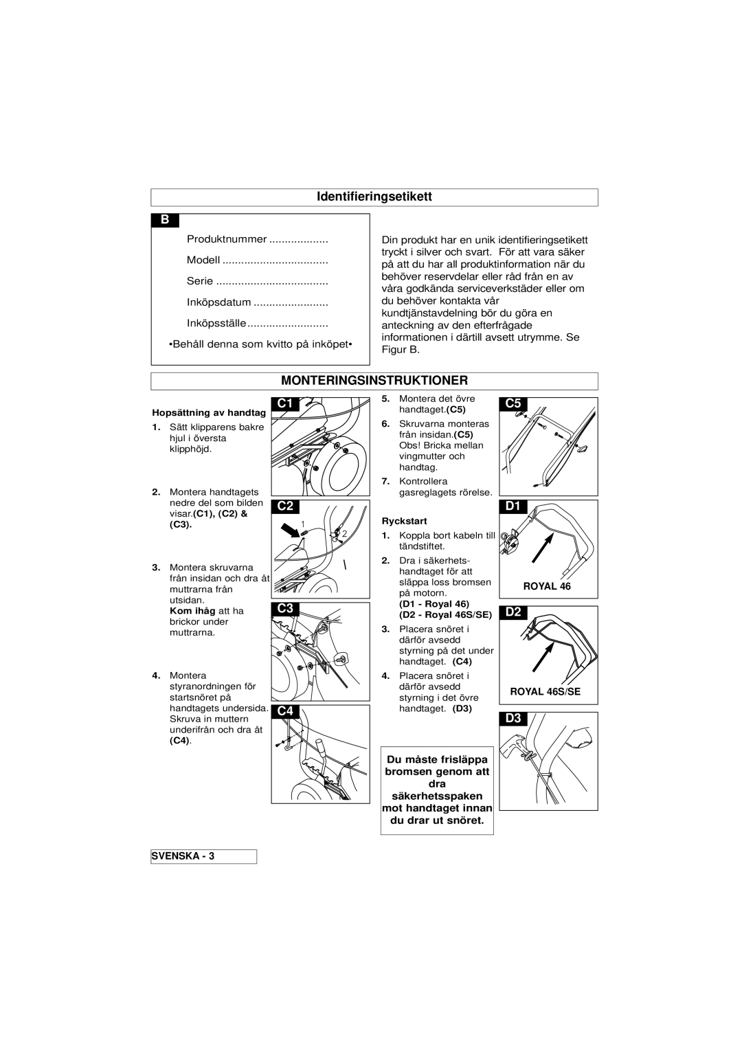 Husqvarna 46SE Monteringsinstruktioner, Hopsättning av handtag, Kom ihåg att ha brickor under muttrarna, Ryckstart 