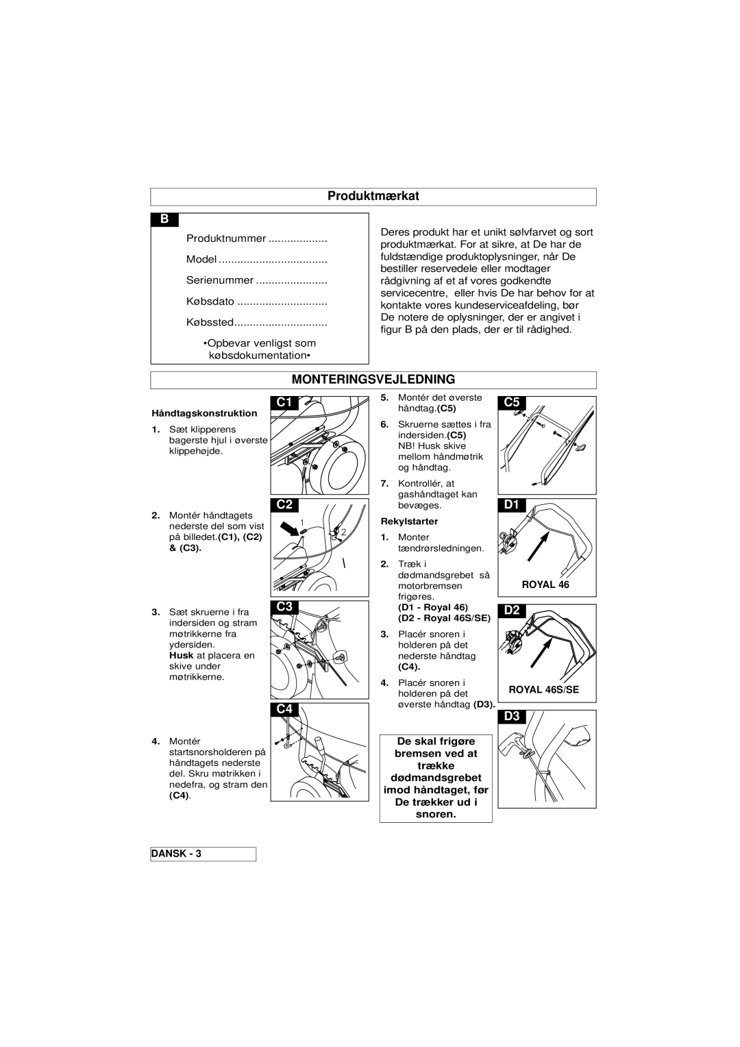 Husqvarna 46SE manual Monteringsvejledning, Håndtagskonstruktion, Rekylstarter 