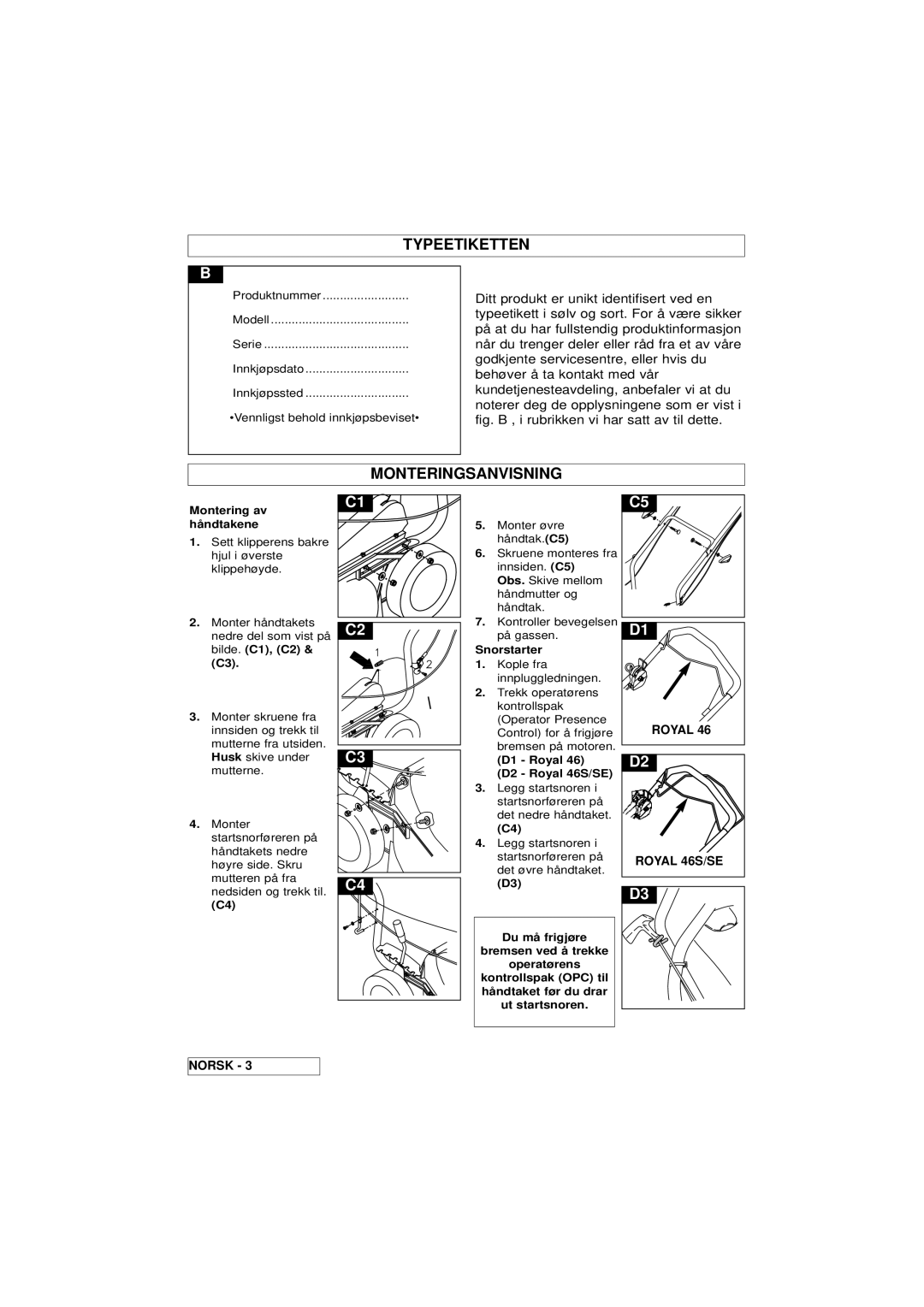 Husqvarna 46SE manual Typeetiketten, Monteringsanvisning 