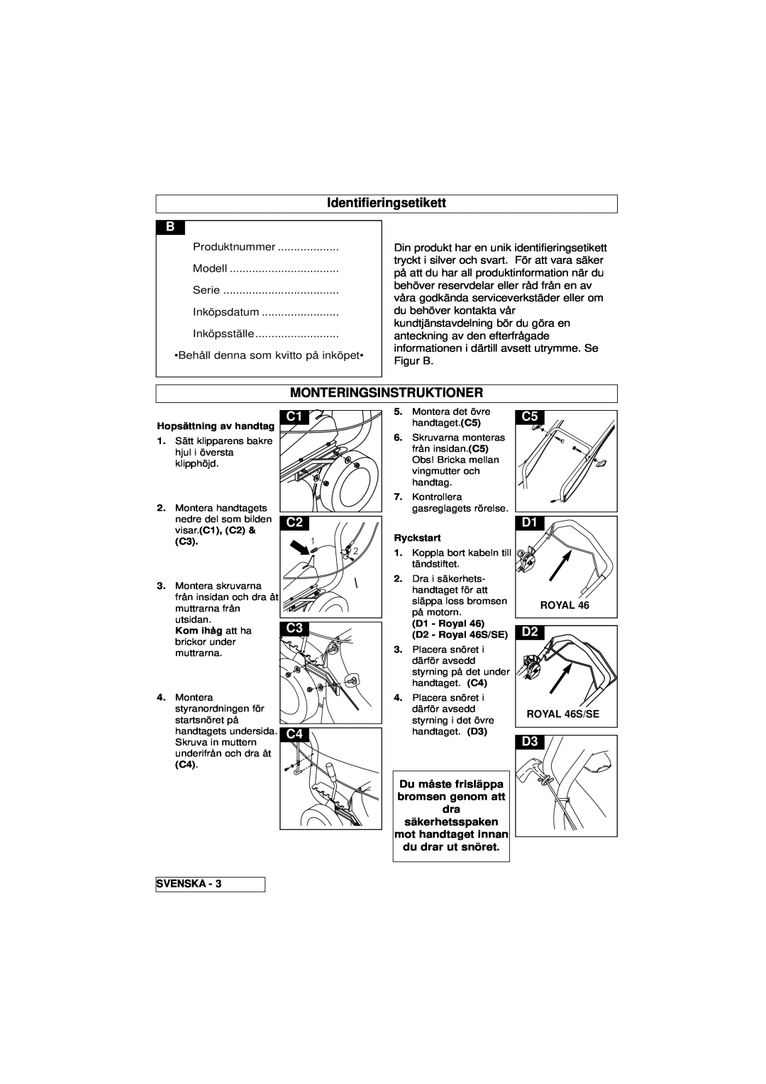 Husqvarna 46SE manual Identifieringsetikett, Monteringsinstruktioner, Royal, ROYAL 46S/SE, Svenska 