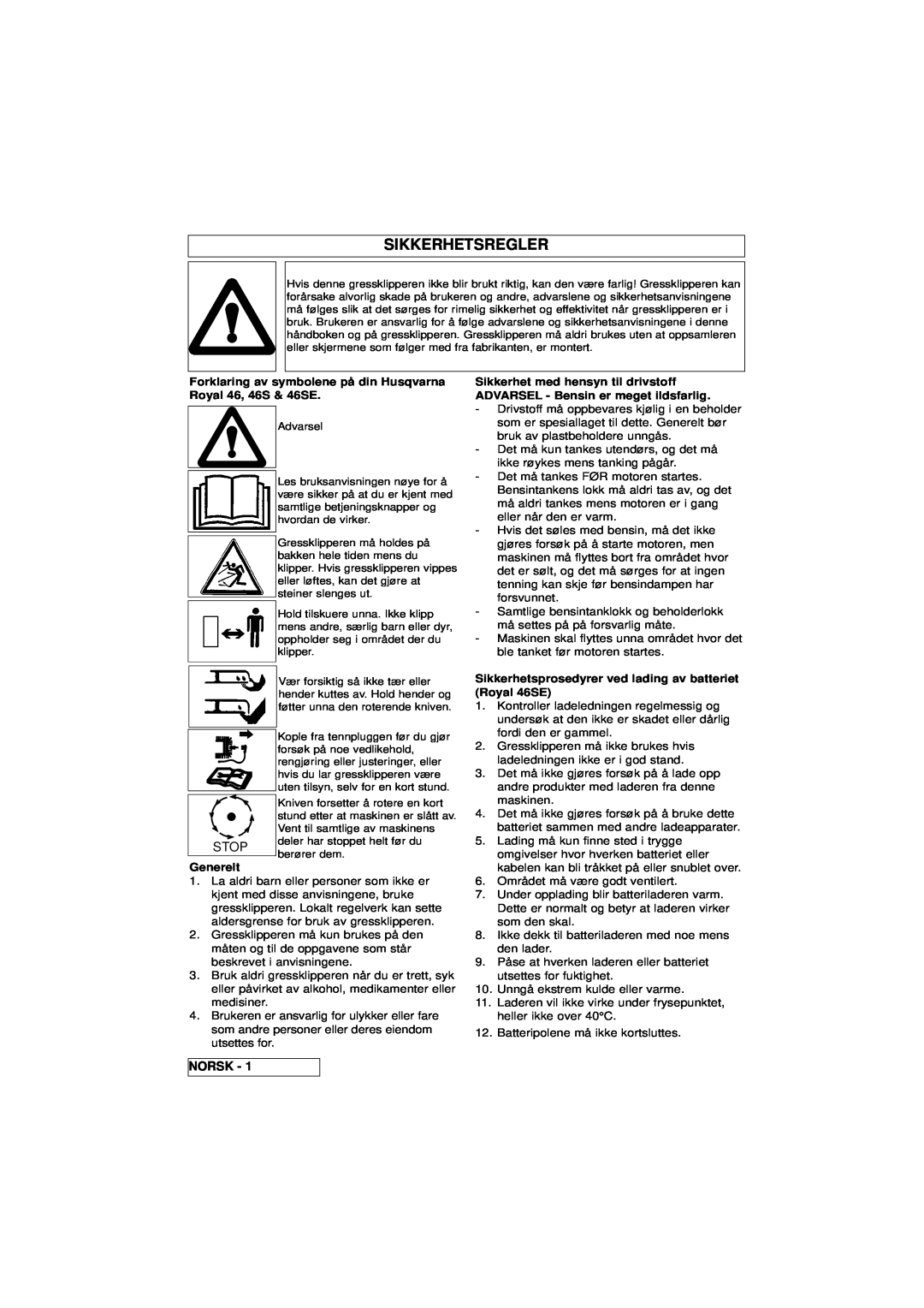 Husqvarna 46SE manual Sikkerhetsregler, Norsk, Generelt 