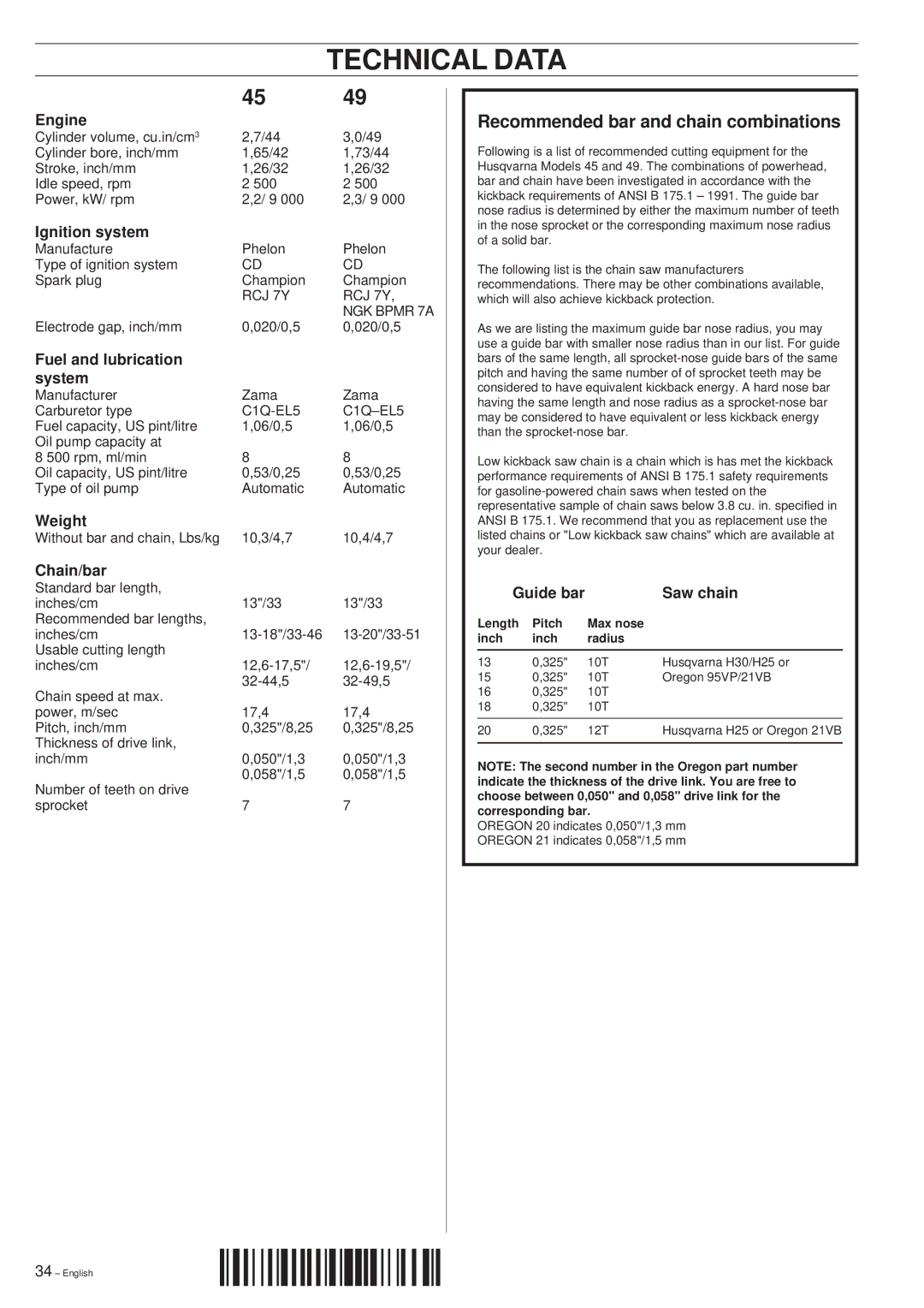 Husqvarna 49 manual Technical Data 