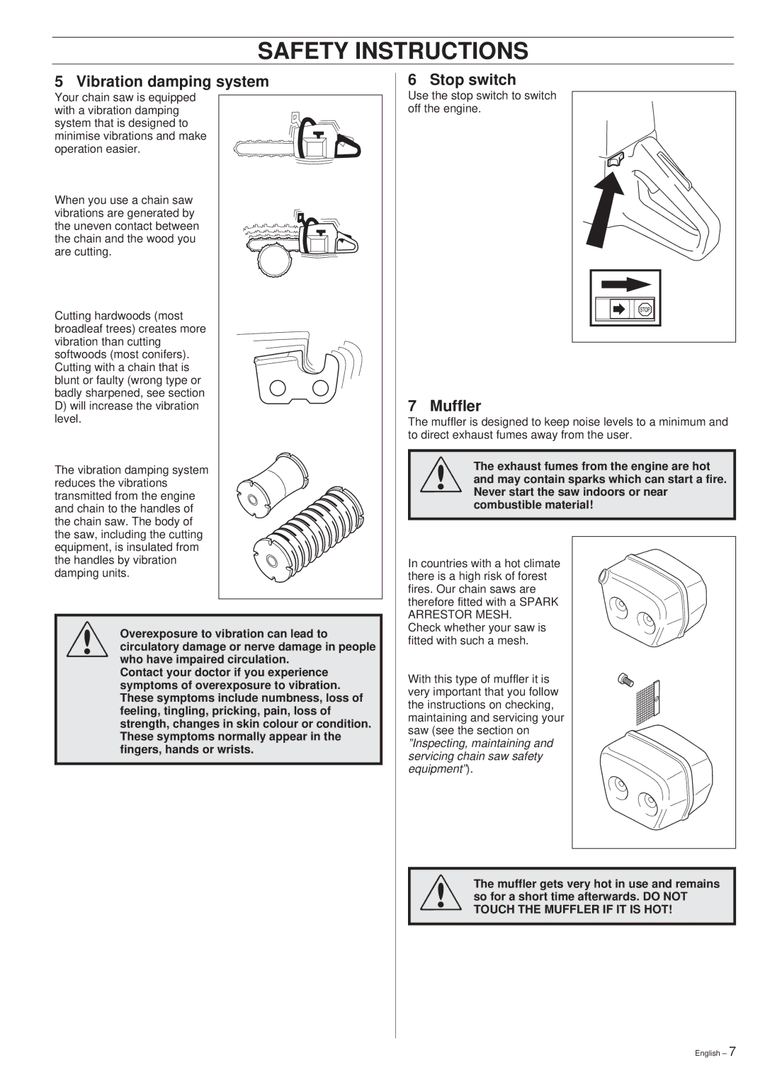 Husqvarna 49 manual Vibration damping system, Stop switch, Muffler 