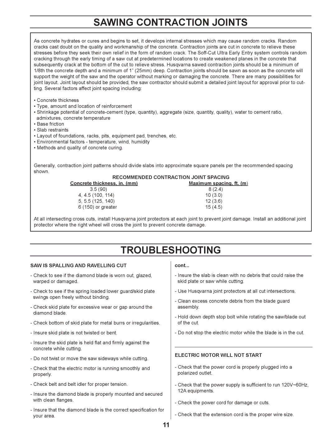 Husqvarna 50 manual Sawing Contraction Joints, Troubleshooting 