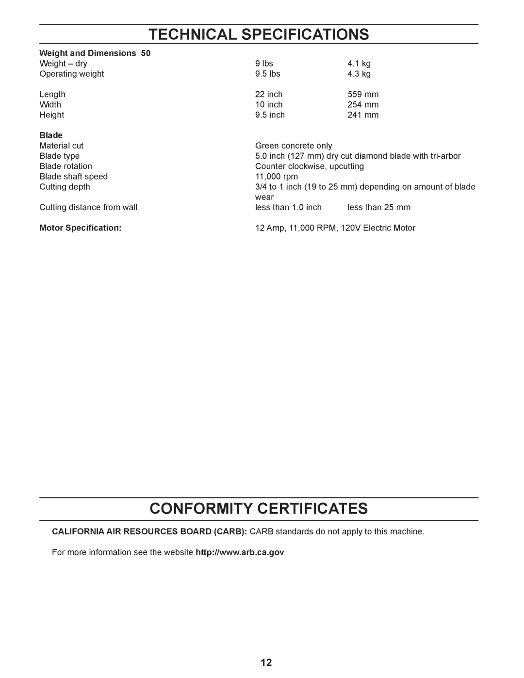 Husqvarna 50 manual Technical Specifications, Conformity Certificates 