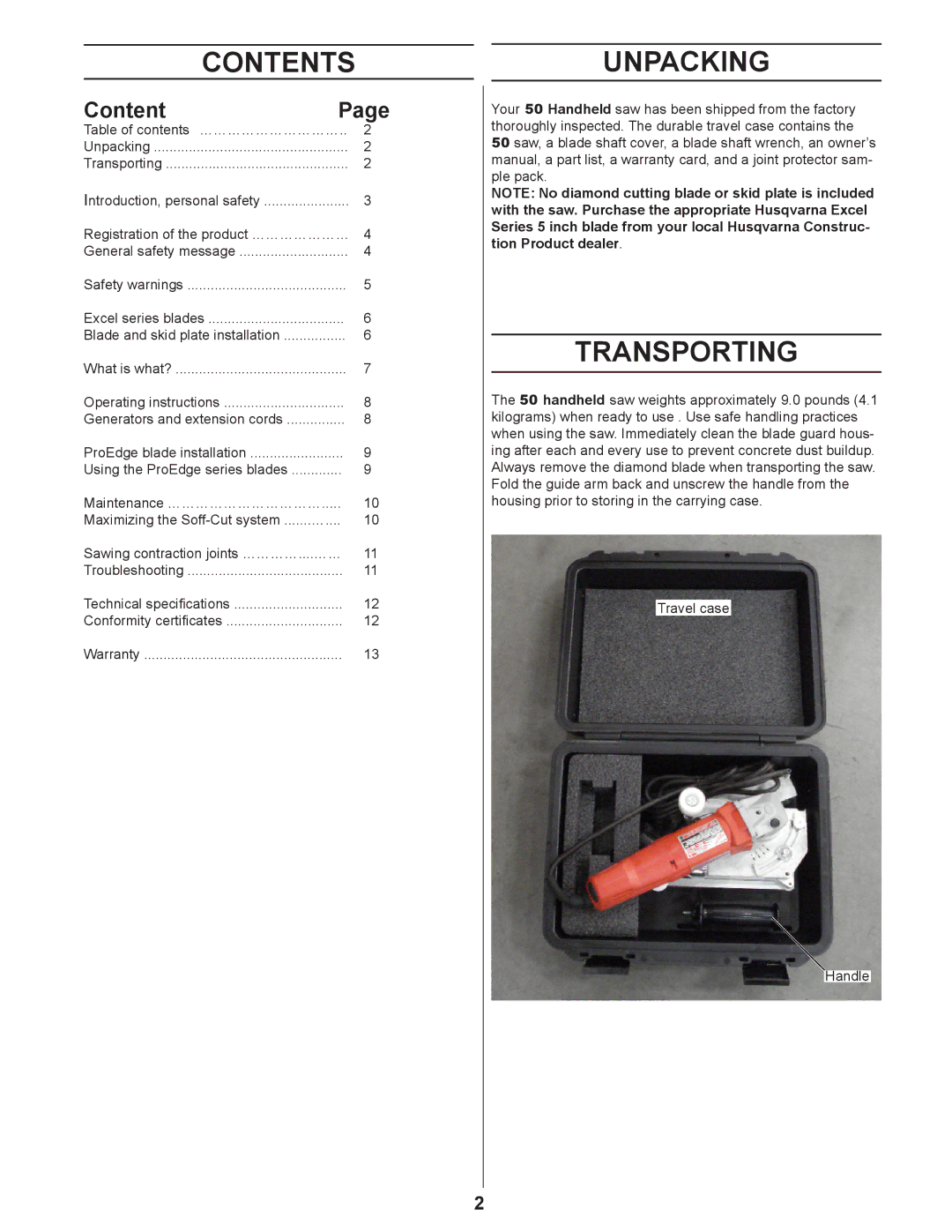 Husqvarna 50 manual Contents, Unpacking, Transporting 